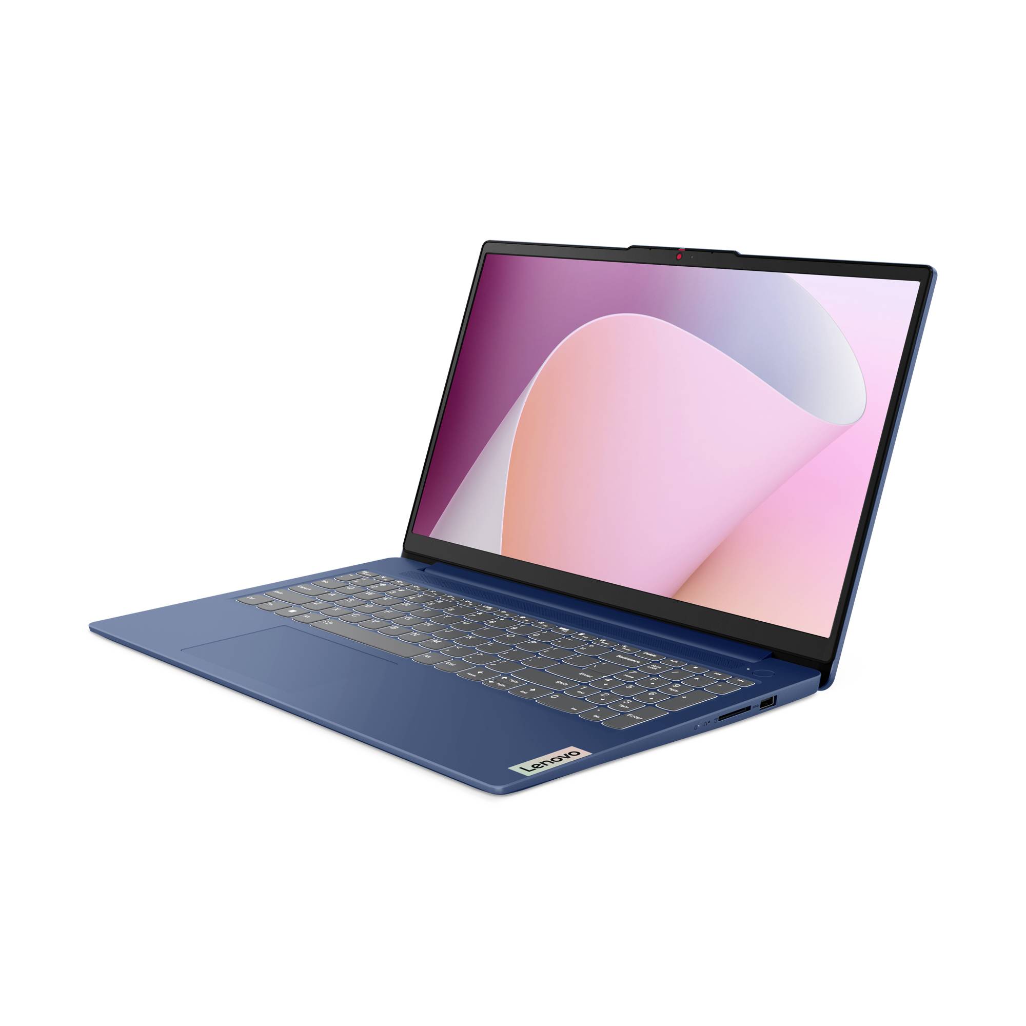 Blauer Laptop-Computer, der auf weißem Hintergrund geöffnet angezeigt wird und eine rosa abstrakte Tapete anzeigt.