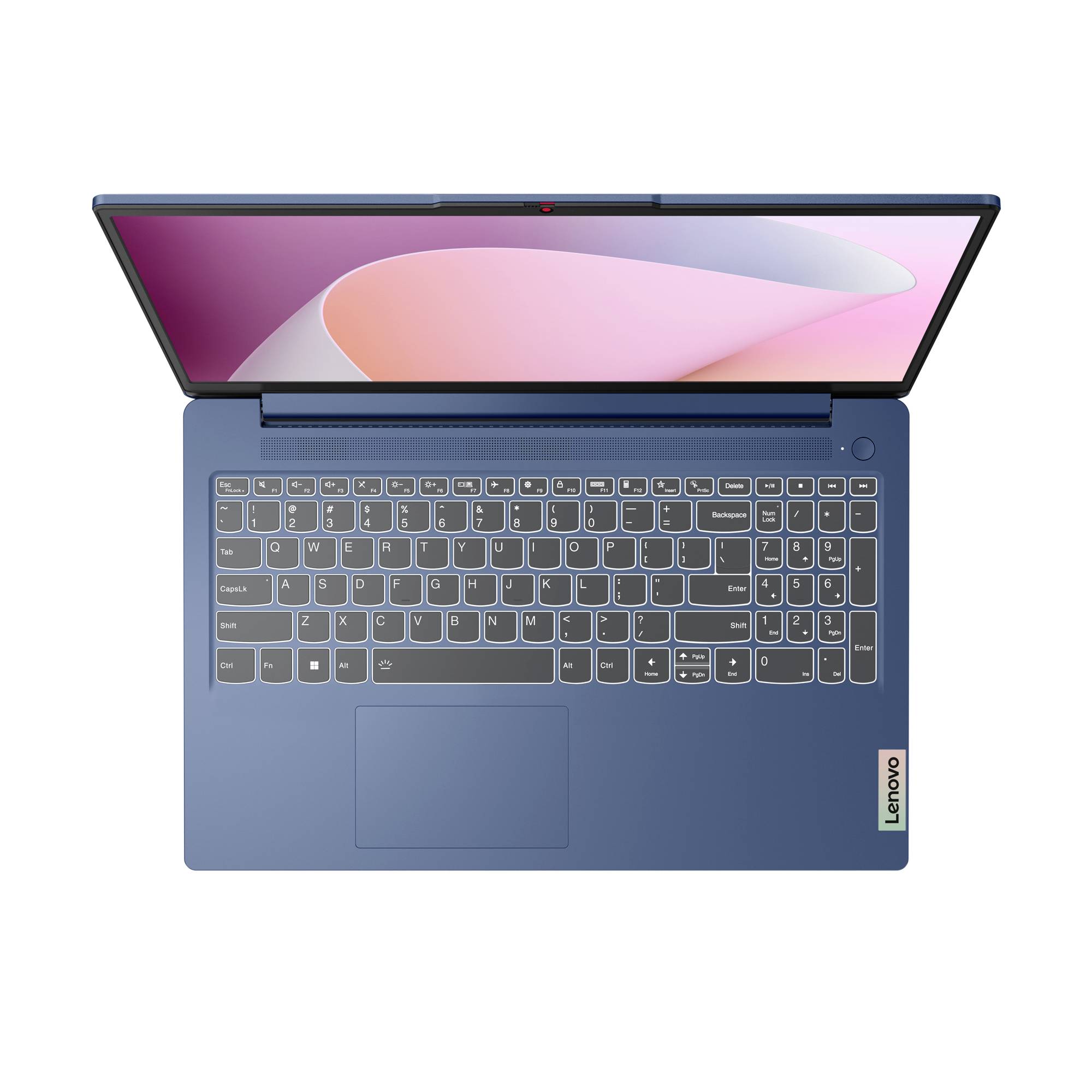 Blauer Lenovo-Laptop, der auf weißem Hintergrund offen ist und die Tastatur, das Touchpad und einen farbenfrohen abstrakten Bildschirm zeigt.