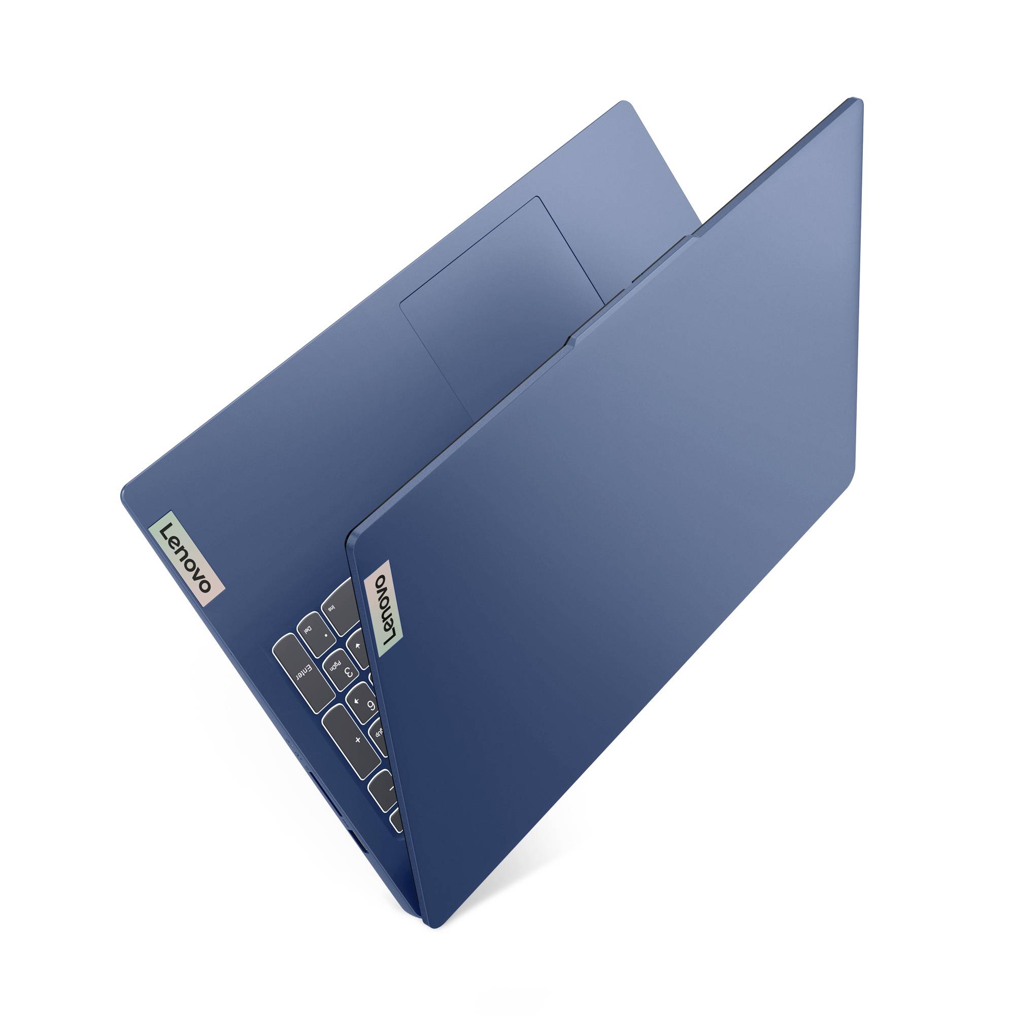 Blauer Lenovo-Laptop, teilweise geöffnet, mit sichtbarer Tastatur und Deckel, der den größten Teil des Bildschirmbereichs auf weißem Hintergrund abdeckt.