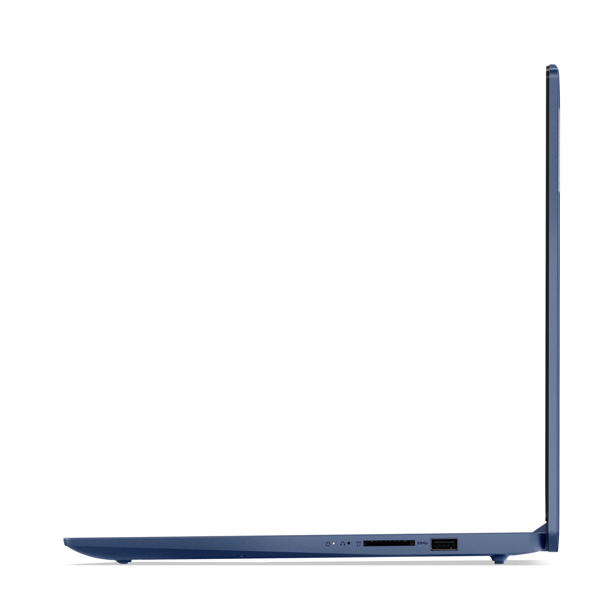 Seitenansicht eines geschlossenen blauen Laptops mit aufrechtem Bildschirm und sichtbaren Anschlüssen an der Unterseite.