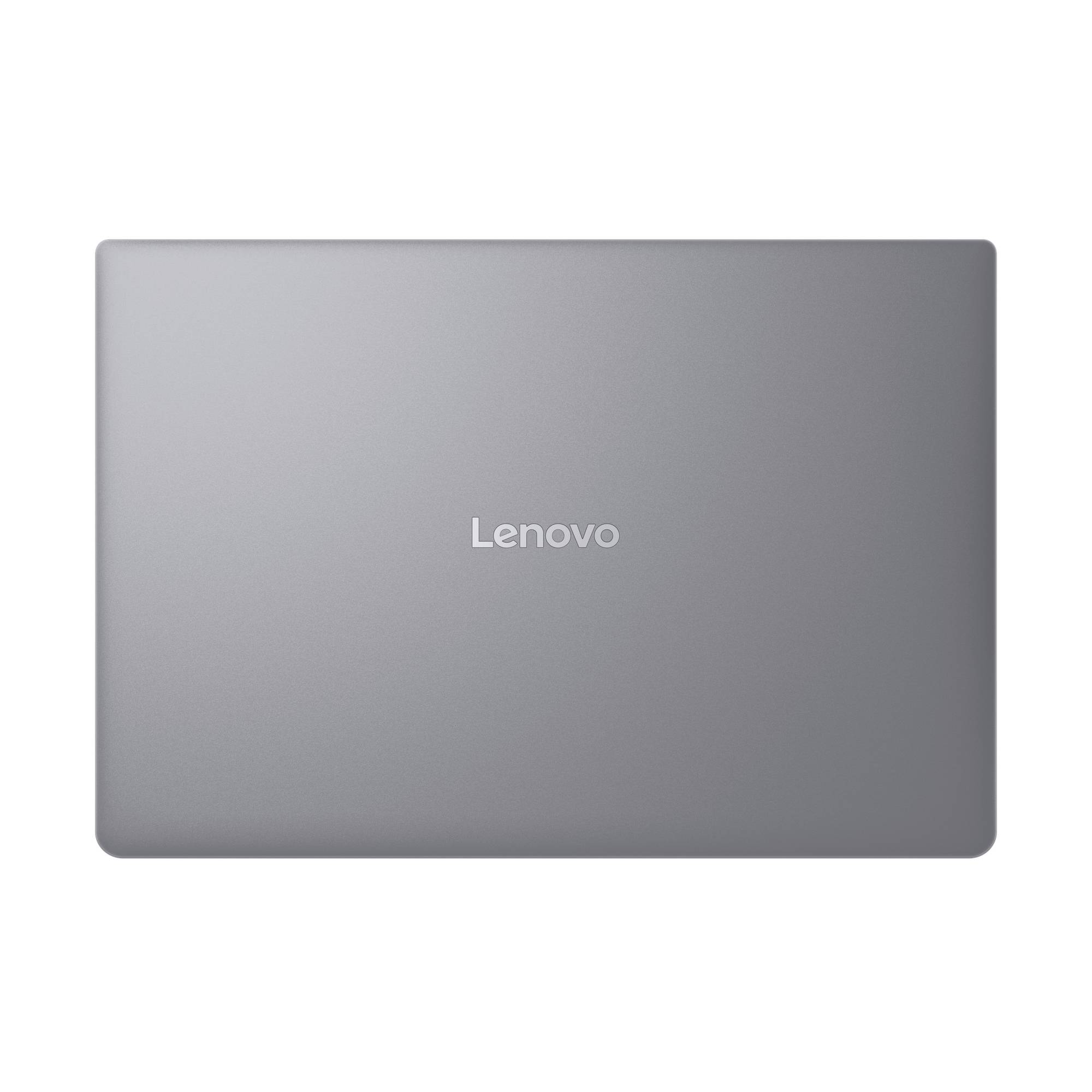 Geschlossener silberner Lenovo-Laptop von oben auf weißem Hintergrund gesehen.