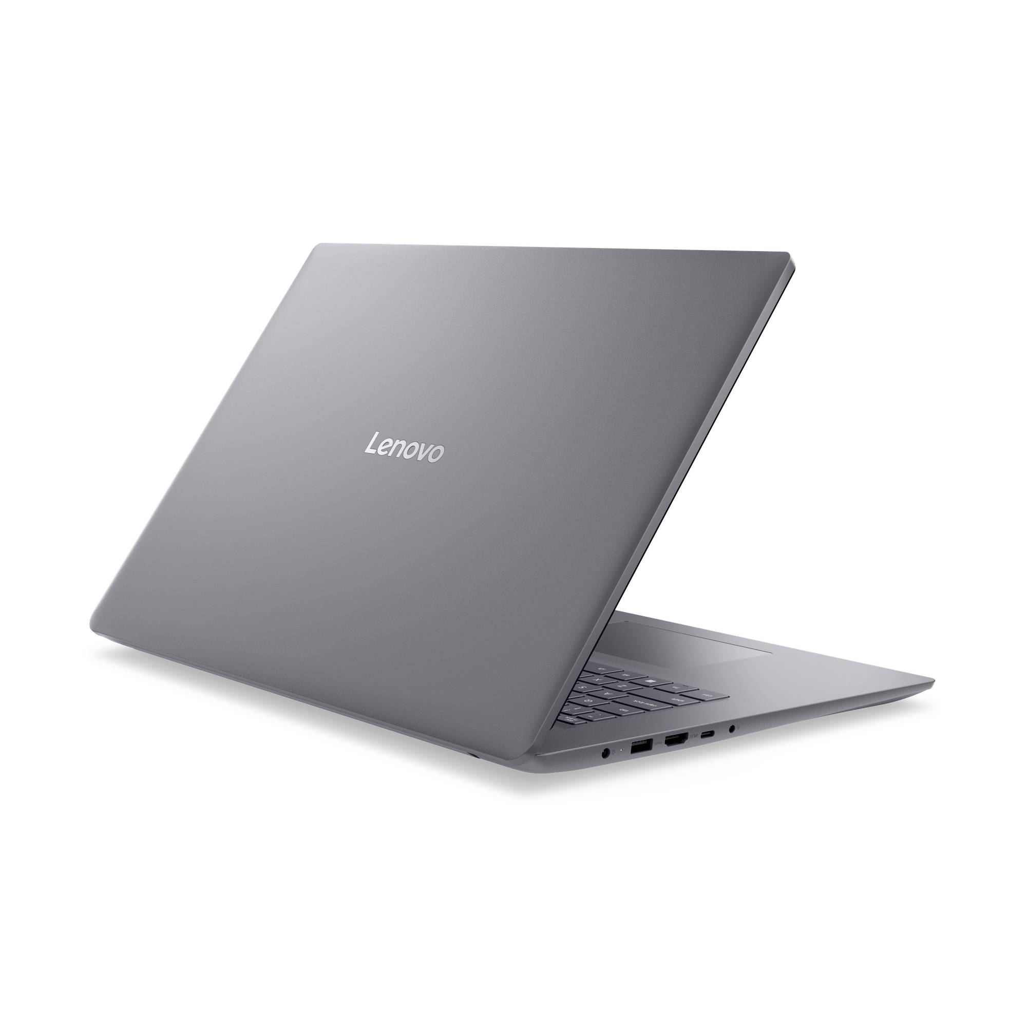 Grauer Lenovo-Laptop, teilweise geöffnet, in einer Dreivierttelansicht von hinten auf weißem Hintergrund dargestellt.