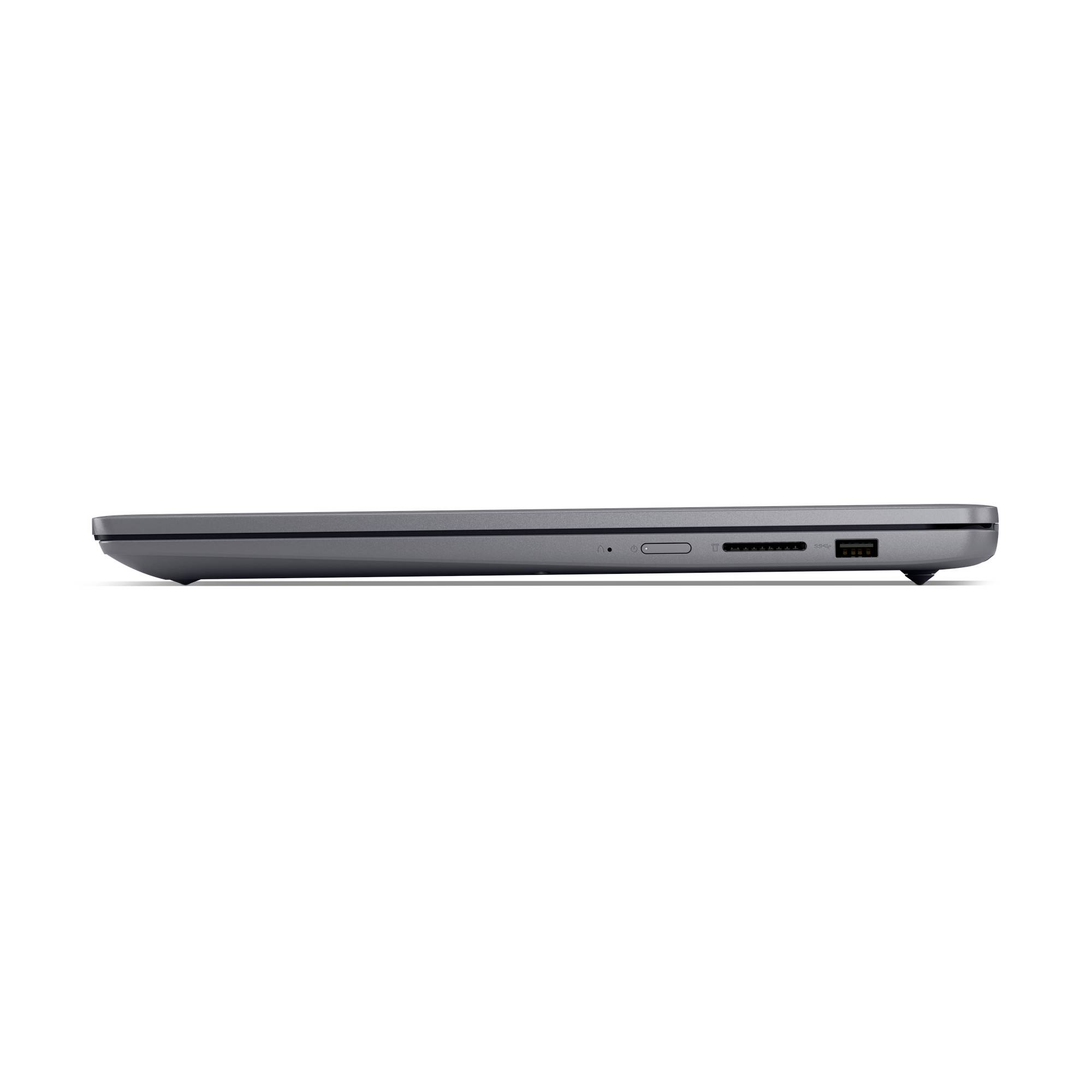 Seitenansicht eines schlanken grauen Laptops geschlossen, die sein dünnes Profil und die Anschlüsse auf der linken Seite auf weißem Hintergrund zeigt.