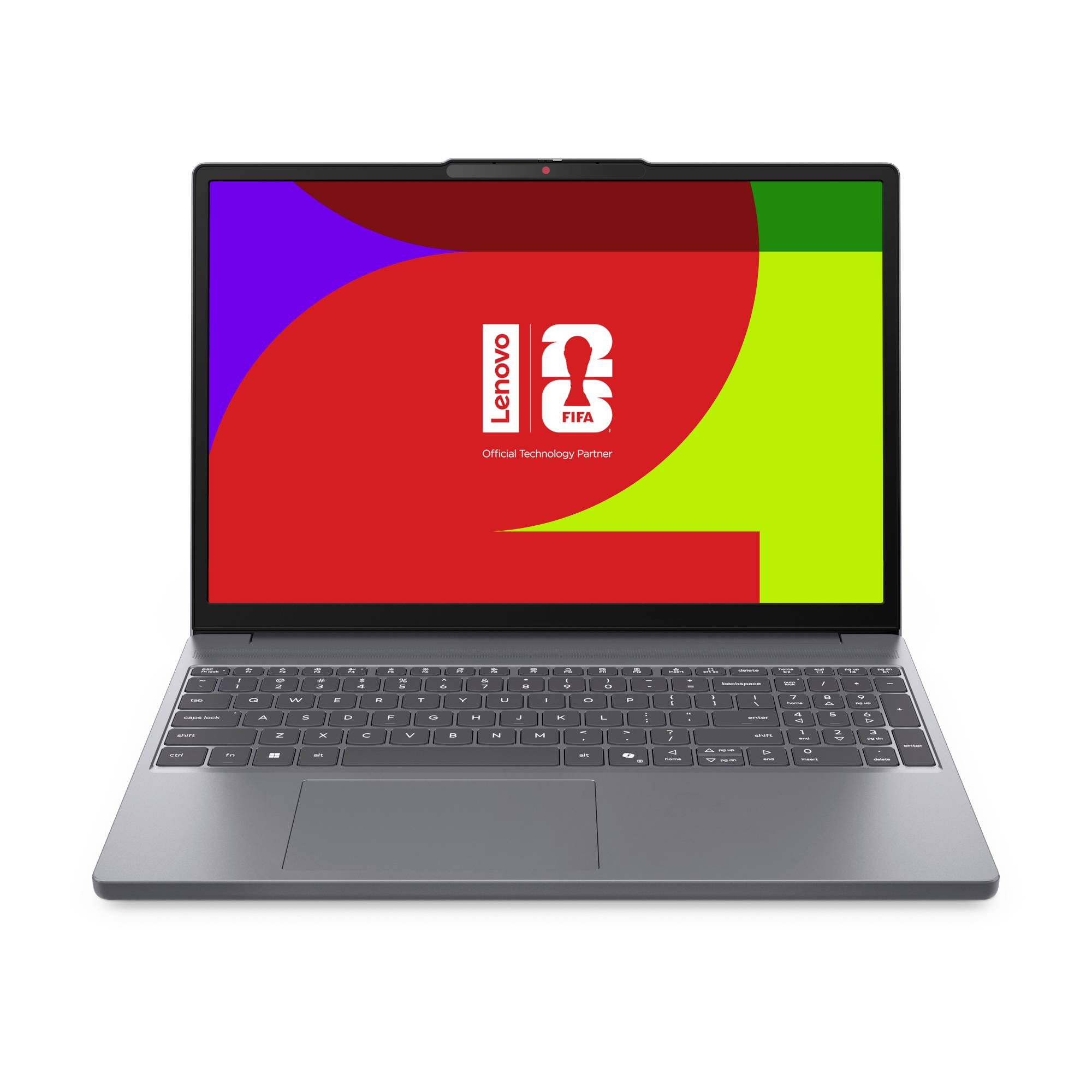 Ein silberner Lenovo-Laptop, aufgeklappt auf weißem Hintergrund gezeigt, mit einem farbenfrohen Bildschirm, auf dem die Logos von Lenovo und FIFA Official Technology Partner angezeigt werden.