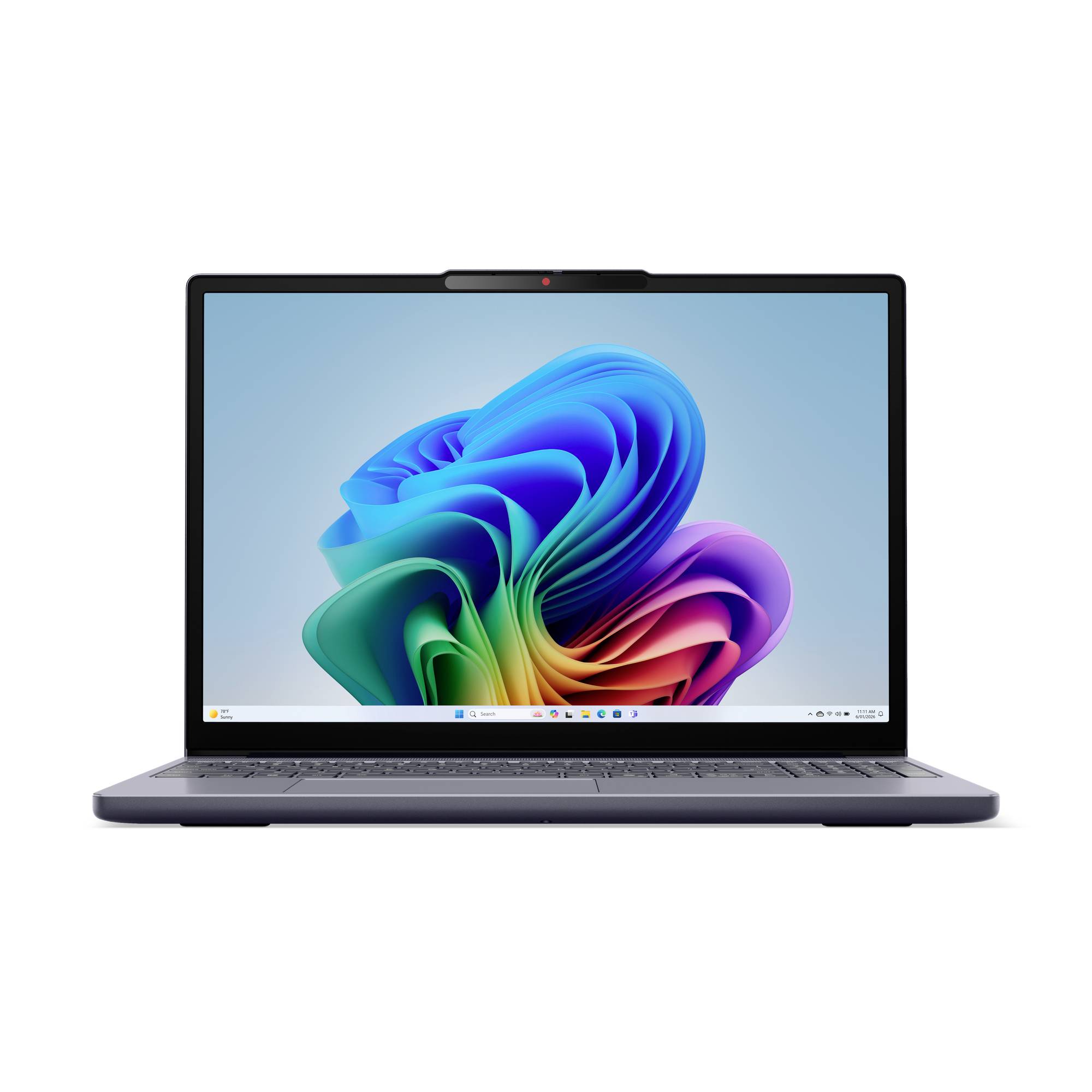 Ein Laptop mit einem Windows 11-Desktop, der die farbenfrohe abstrakte Blumentapete auf weißem Hintergrund zeigt.