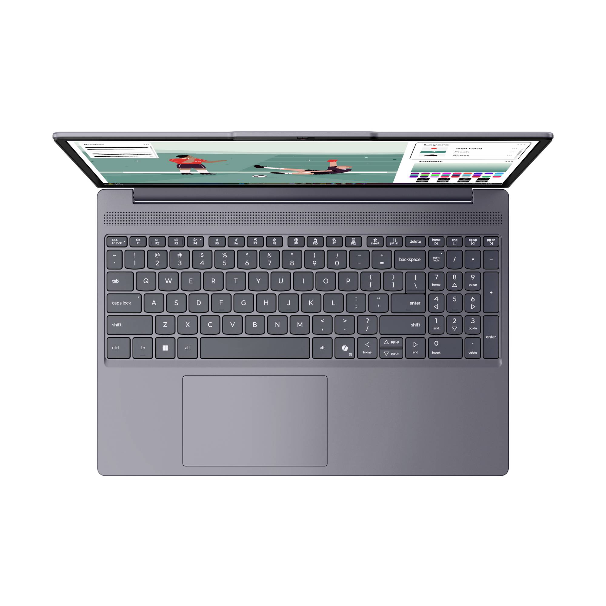 Draufsicht auf einen geöffneten Laptop mit großer Tastatur und Trackpad, auf dem Bildschirm eine Video-Schnitt- oder Design-Oberfläche angezeigt.