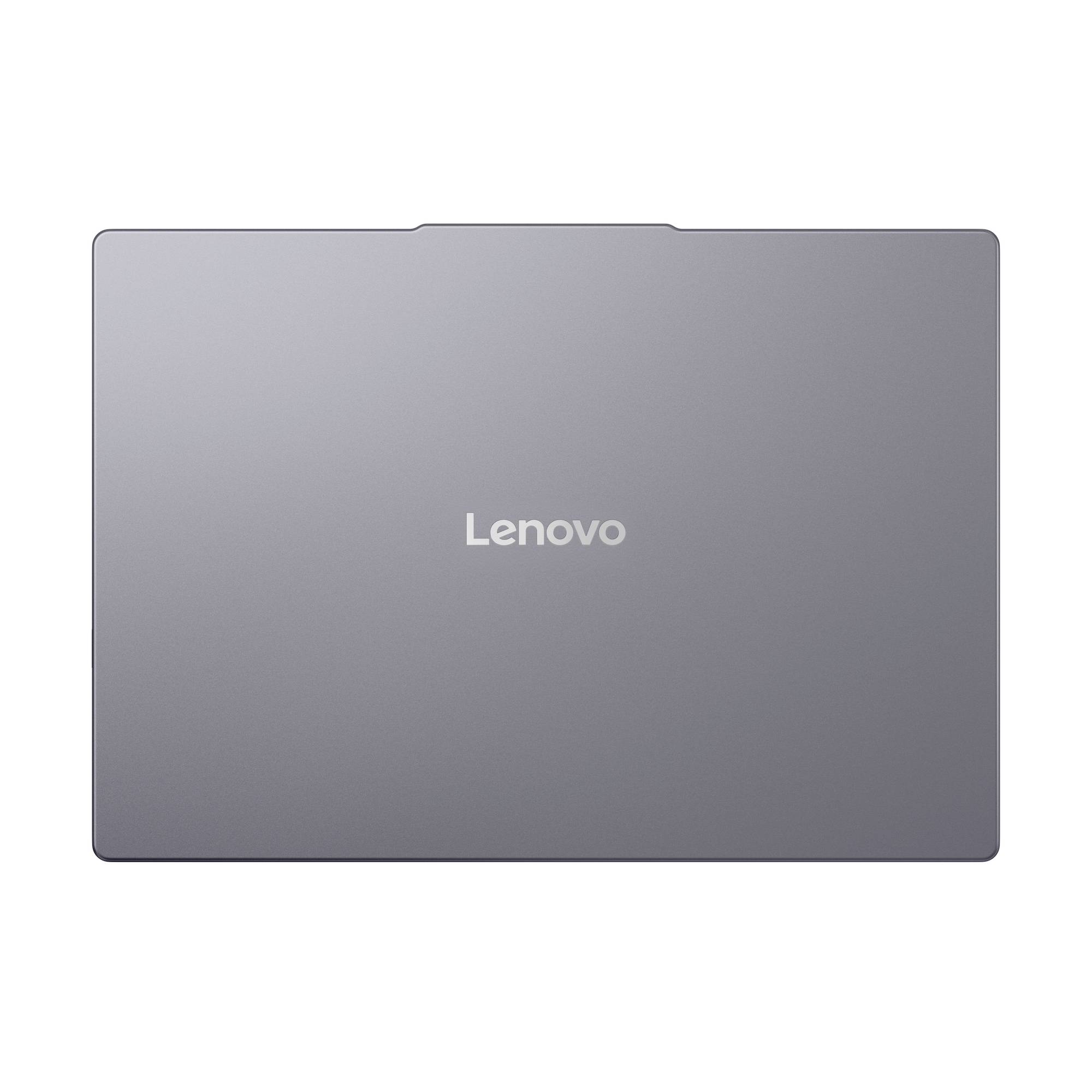 Geschlossener grauer Lenovo-Laptop von oben betrachtet, mit dem Lenovo-Logo in der Mitte auf dem Deckel.