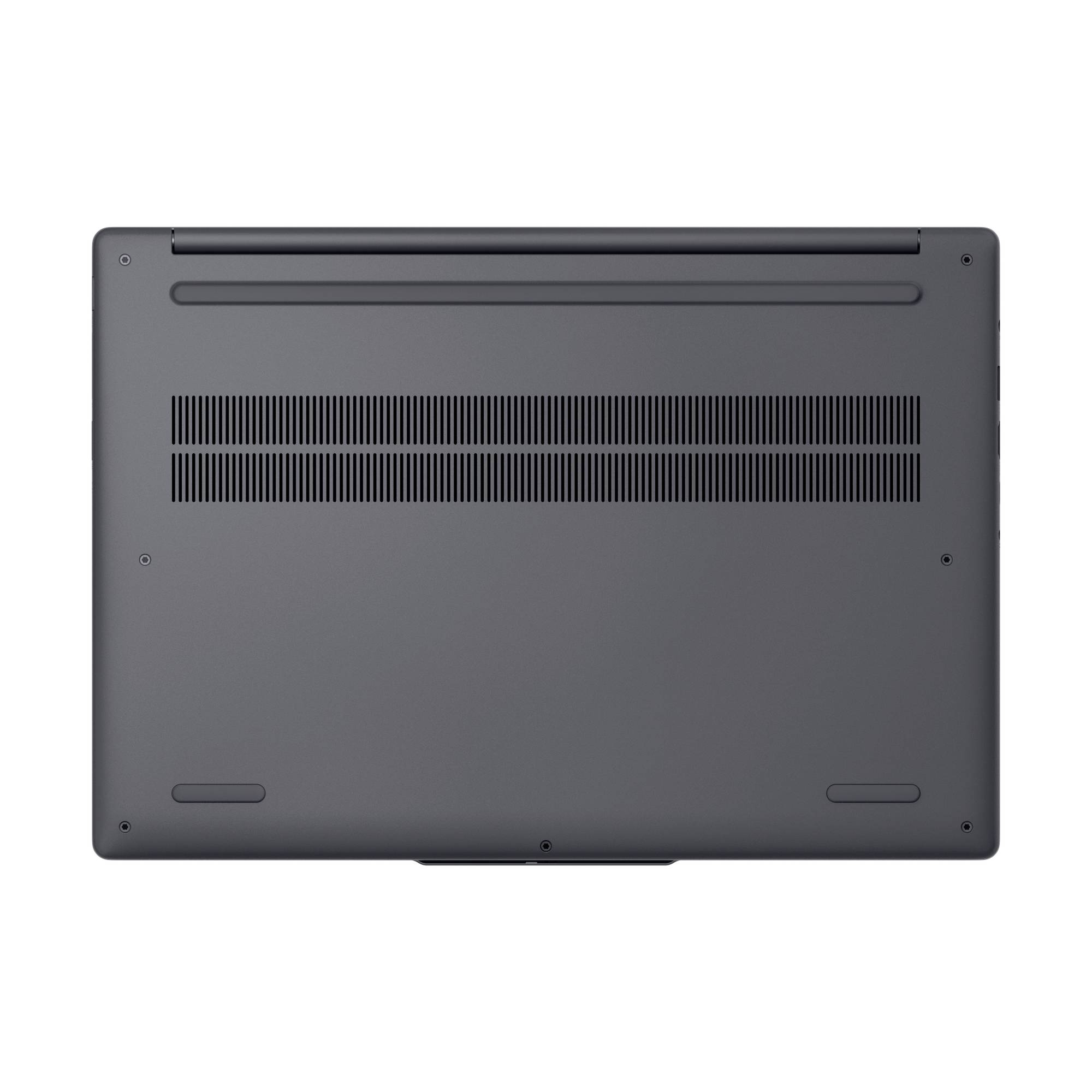 Unteransicht eines geschlossenen grauen Laptops mit Belüftungsgittern, Gumminoppen und hinterem Scharnier.