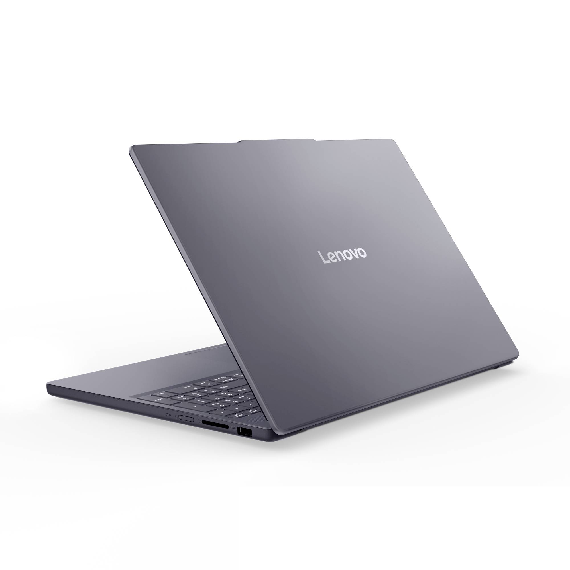 Geschlossener grauer Lenovo-Laptop in Schrägansicht auf weißem Hintergrund.