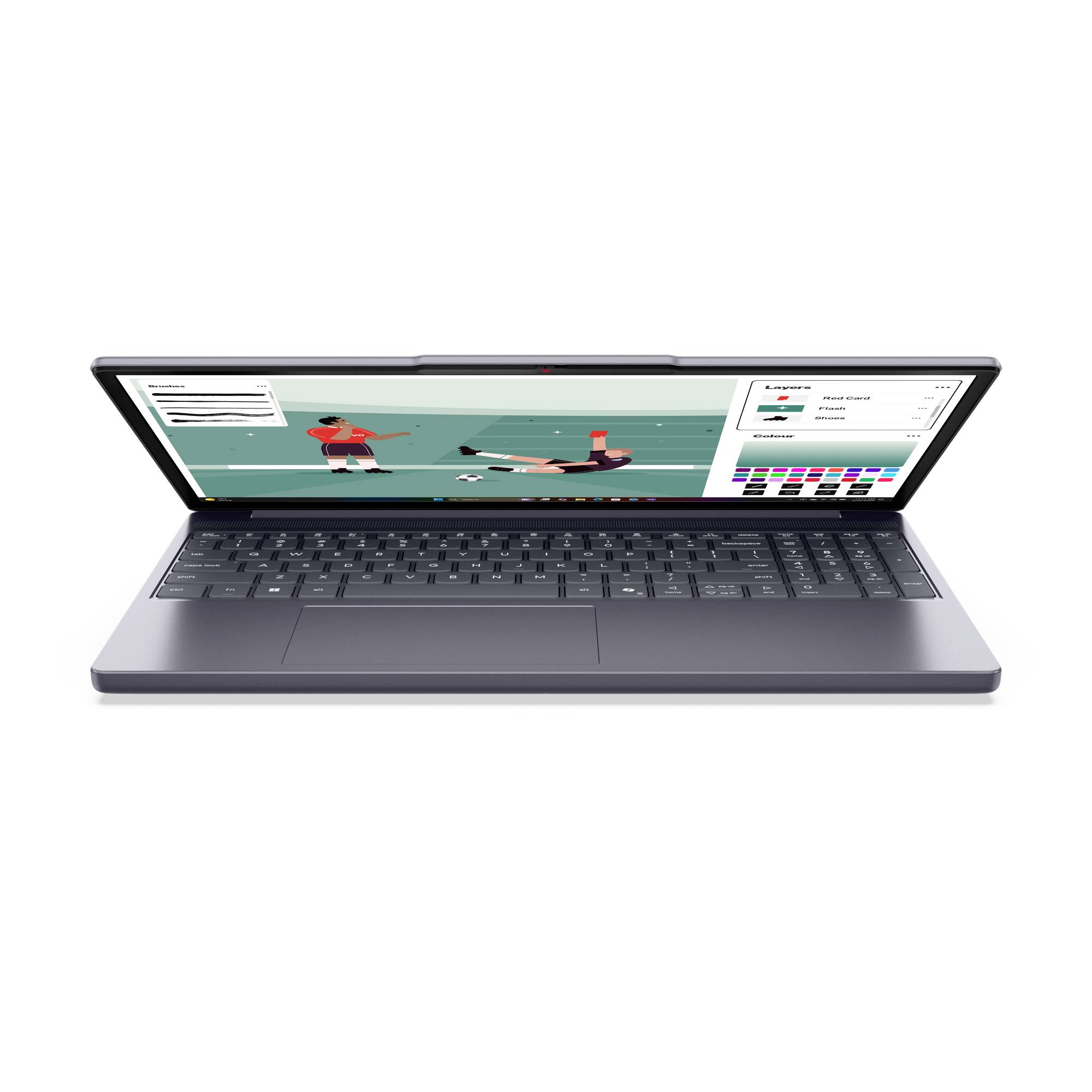 Offener Laptop mit einer 3D-Bearbeitungsszene mit zwei menschlichen Figuren und einem Farbpaletten-Panel auf der rechten Seite.