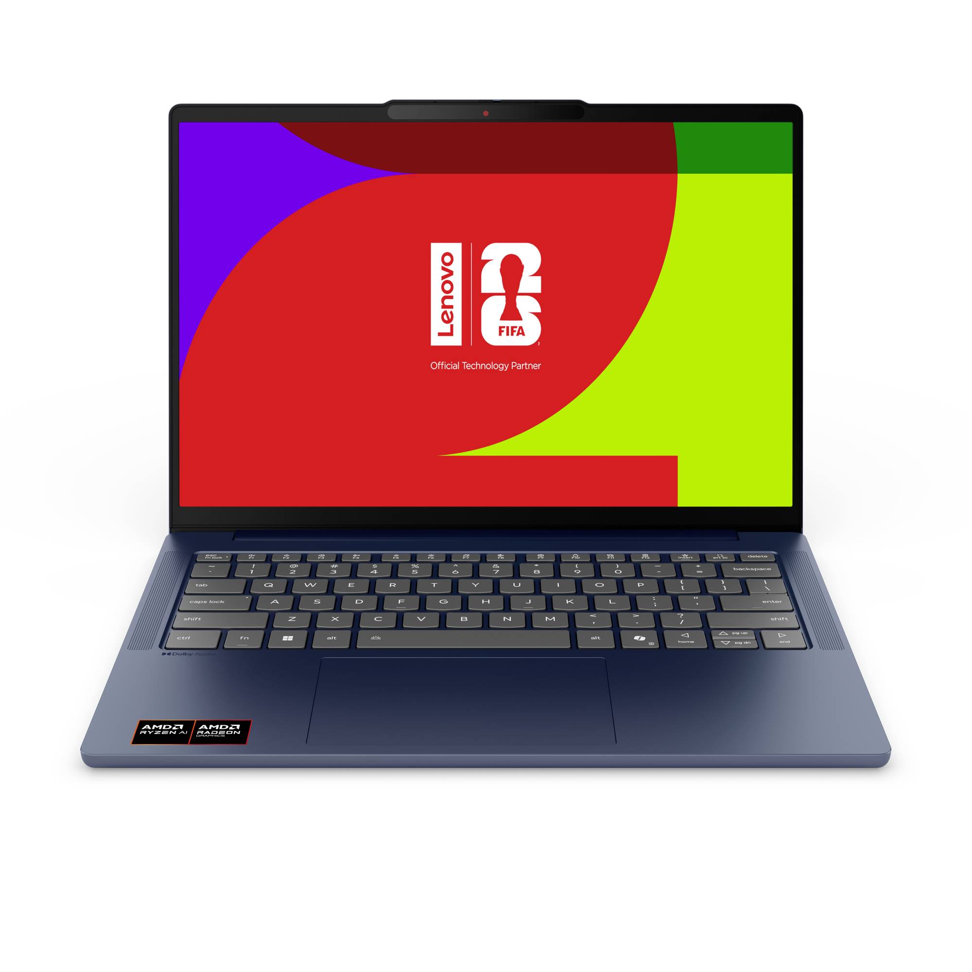 Ein blauer Lenovo-Laptop auf weißem Hintergrund, auf dessen farbigem Bildschirm das FIFA-Logo und „Lenovo Official Technology Partner