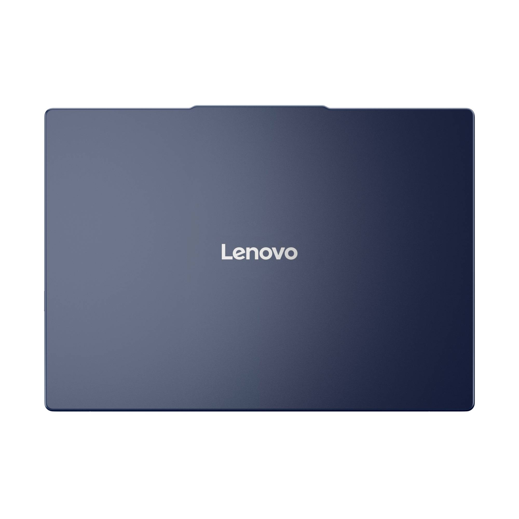 Geschlossener dunkelblauer Lenovo-Laptop von oben gesehen mit dem zentrierten Lenovo-Logo auf dem Deckel.