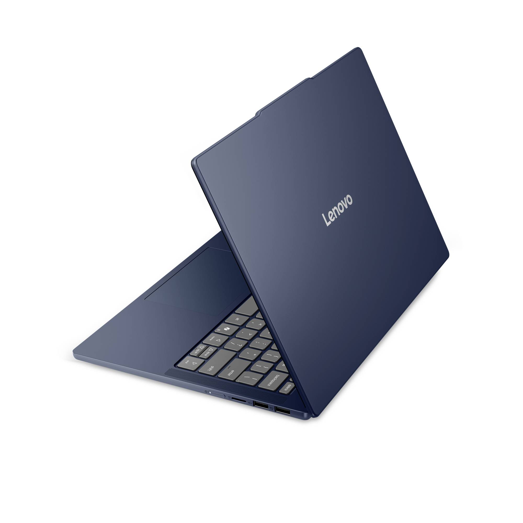 Blauer Lenovo-Laptop, teilweise geöffnet im Winkel gezeigt, mit Blick auf die Tastatur vor weißem Hintergrund.