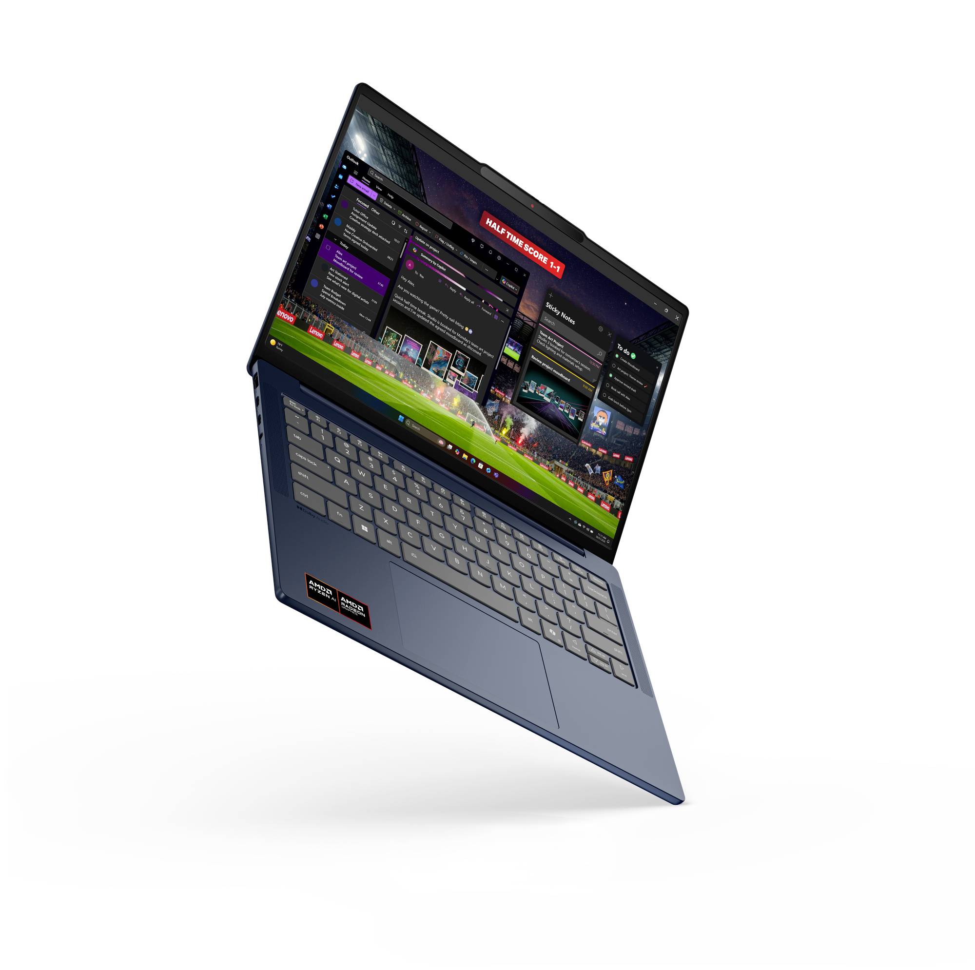 Ein schlanker blauer Laptop, geöffnet in einem Winkel gezeigt, mit einer dunklen Gaming-ähnlichen Benutzeroberfläche auf dem Bildschirm.