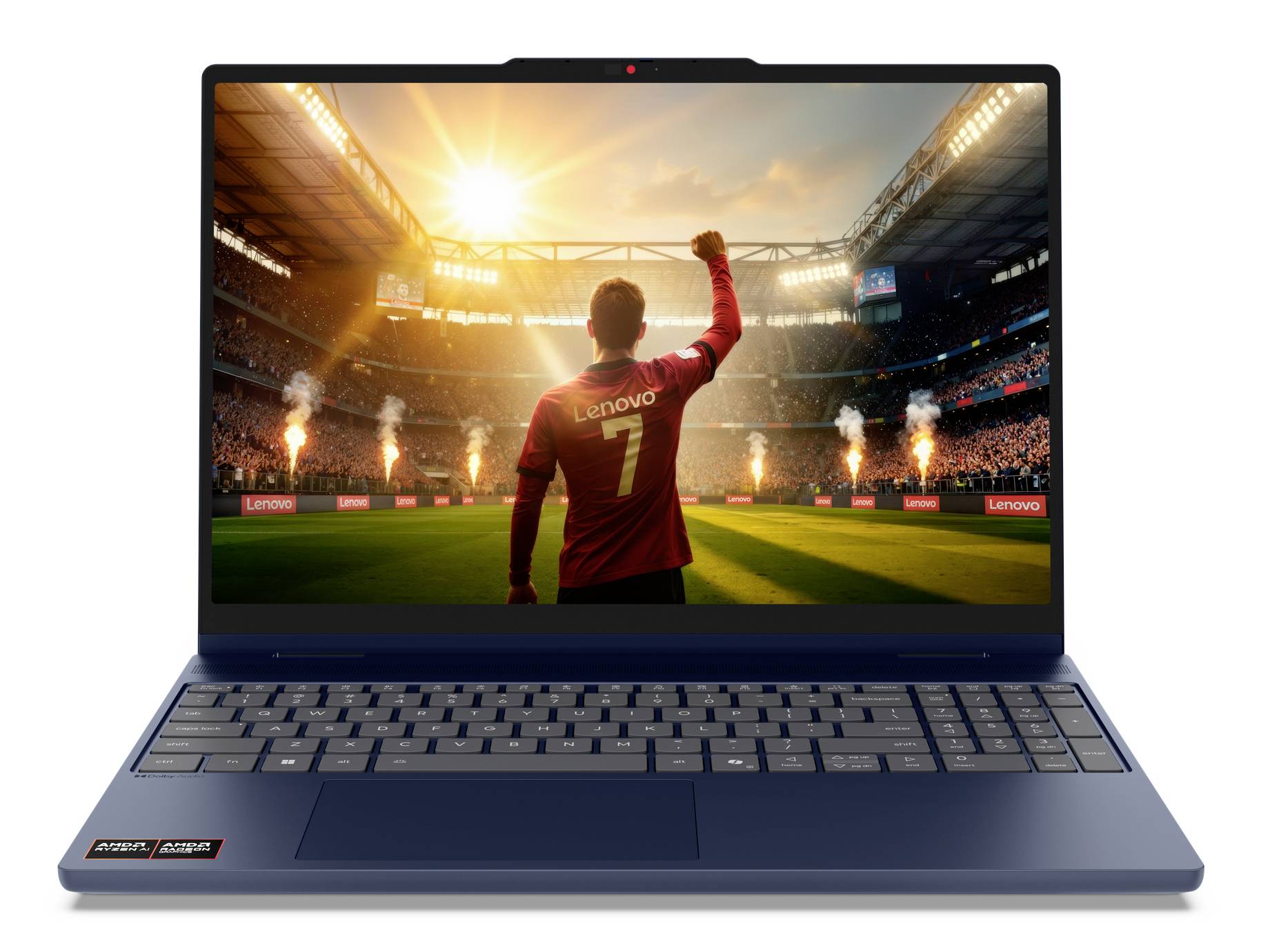 Blauer Lenovo-Laptop, auf dem ein Fußballspieler auf einem Stadionfeld zu sehen ist, der eine Faust gegen eine sonnenbestrahlte Menge erhoben hält.