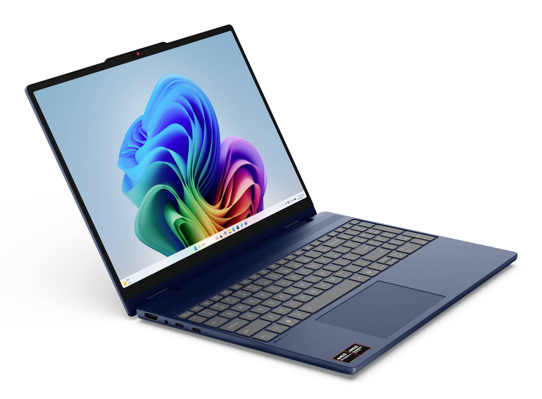 Blauer Laptop in einem Winkel offen, zeigt ein farbenfrohe abstrakte Hintergrund auf dem Bildschirm.