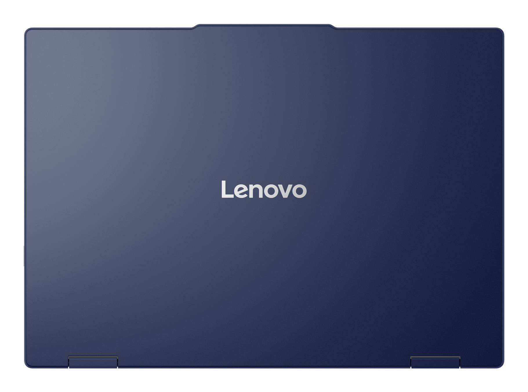Geschlossener Lenovo-Laptop mit dunkelblauem Deckel, von oben fotografiert mit zentriertem Logo.