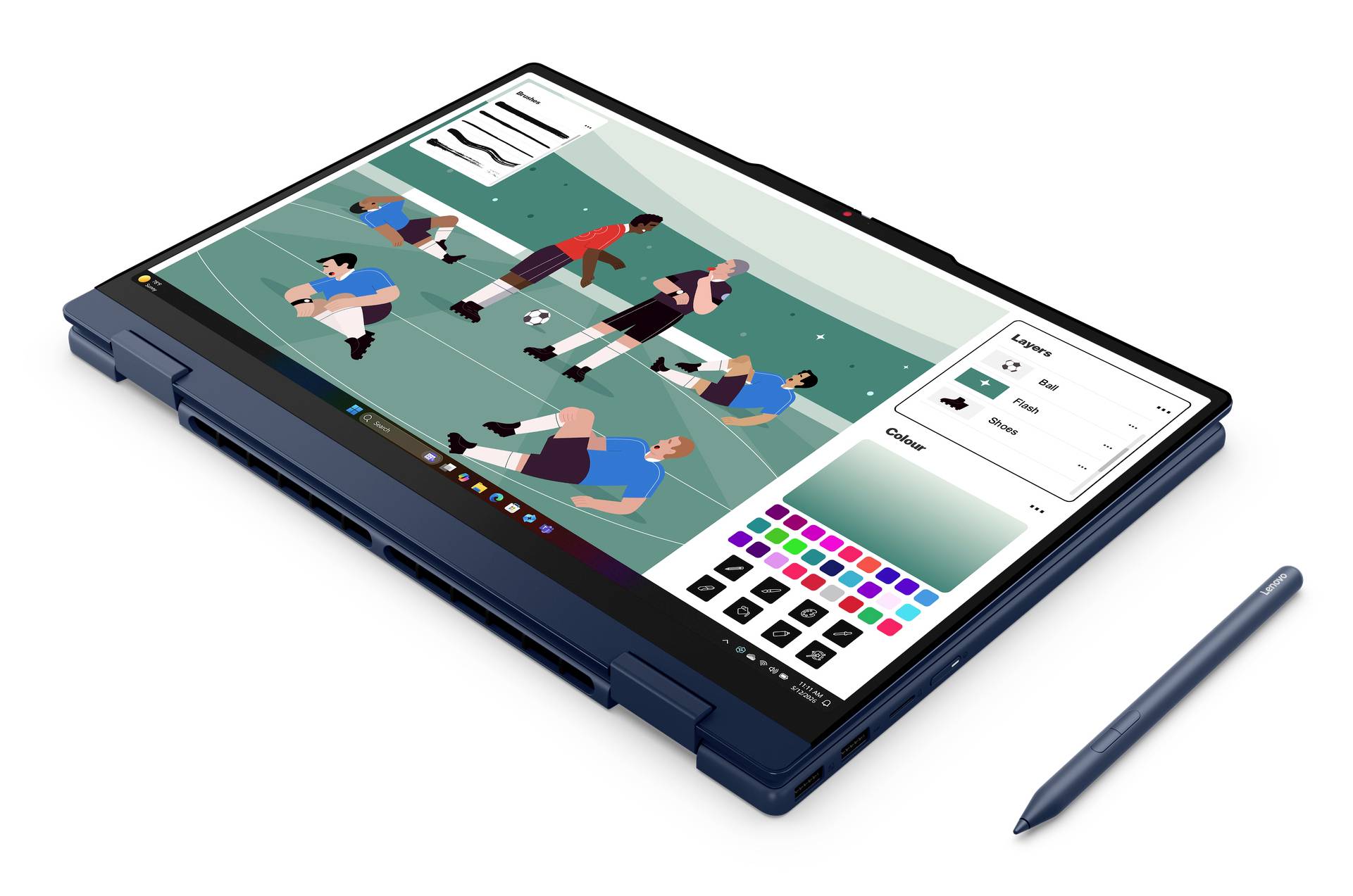 Ein Laptop im Tablet-Modus mit einem Stylus, der eine Zeichen-App mit einer Sportillustration zeigt, die bearbeitet wird.