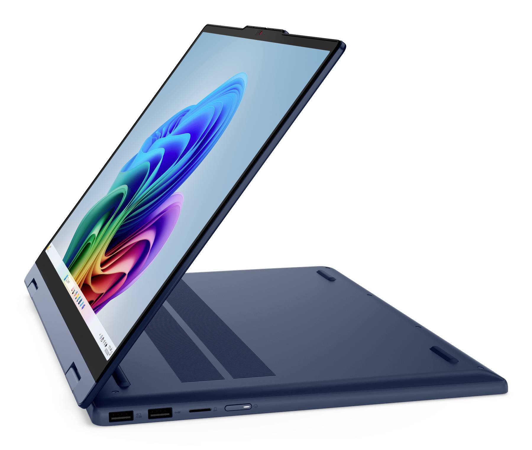 Ein dunkelblauer 2-in-1-Laptop wird im Zeltmodus angezeigt, wobei der Bildschirm aufgeklappt ist und eine farbenfrohe abstrakte Tapete angezeigt wird.