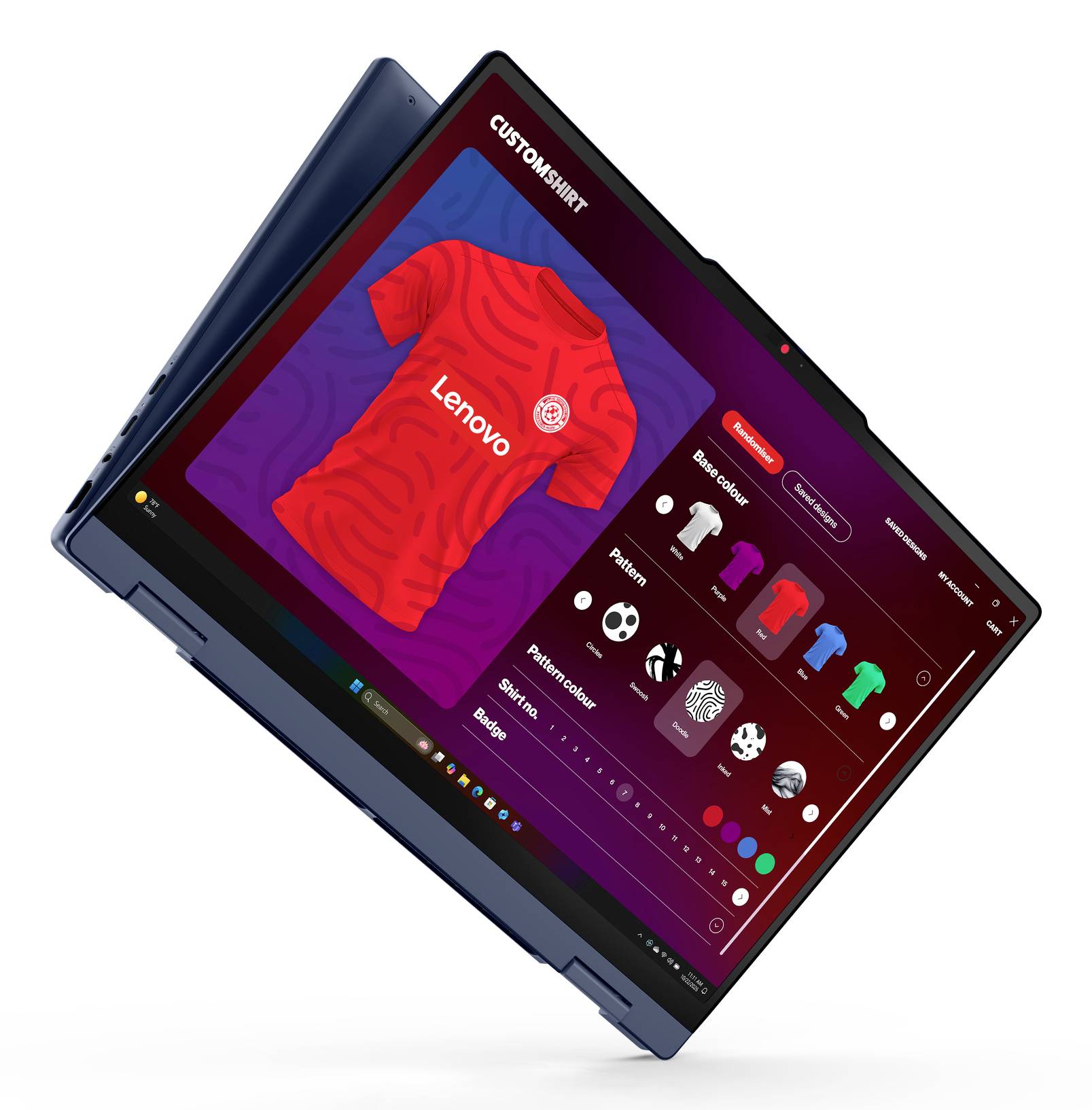 Ein Lenovo-Laptop zeigt eine benutzerdefinierte T-Shirt-Design-App an, die eine rote Hemdvorschau mit Farb- und Musteroptionen anzeigt.