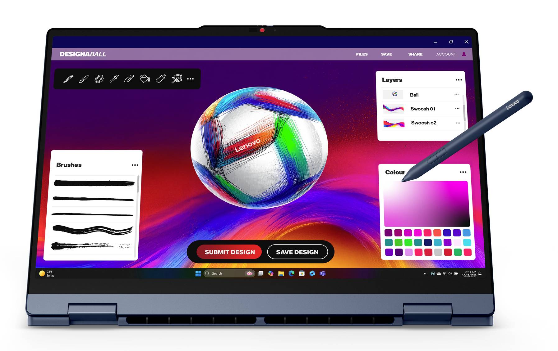 Laptop mit einer Digital-Zeichnungs-App, die eine farbenfrohe Ballillustration, Pinsel-Werkzeuge, Ebenen-Panel, Farbauswahl und Schaltflächen zum Absenden/Speichern des Designs anzeigt.