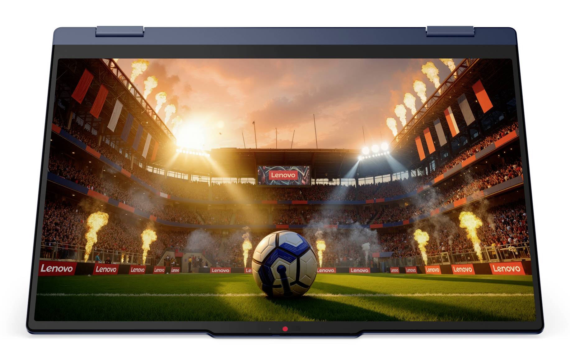 Laptop mit einem Fußballstadion-Hintergrundbild, das einen Fußball auf dem Platz, Zuschauer, Flammen und Lenovo-Beschilderung bei Sonnenuntergang zeigt.