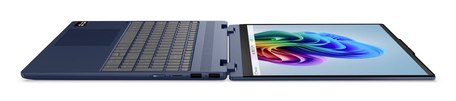 Laptop in Seitenansicht geöffnet, mit Tastatur auf der linken Seite und dem Bildschirm auf der rechten Seite, auf dem ein farbenfroher abstrakter Wirbel angezeigt wird.