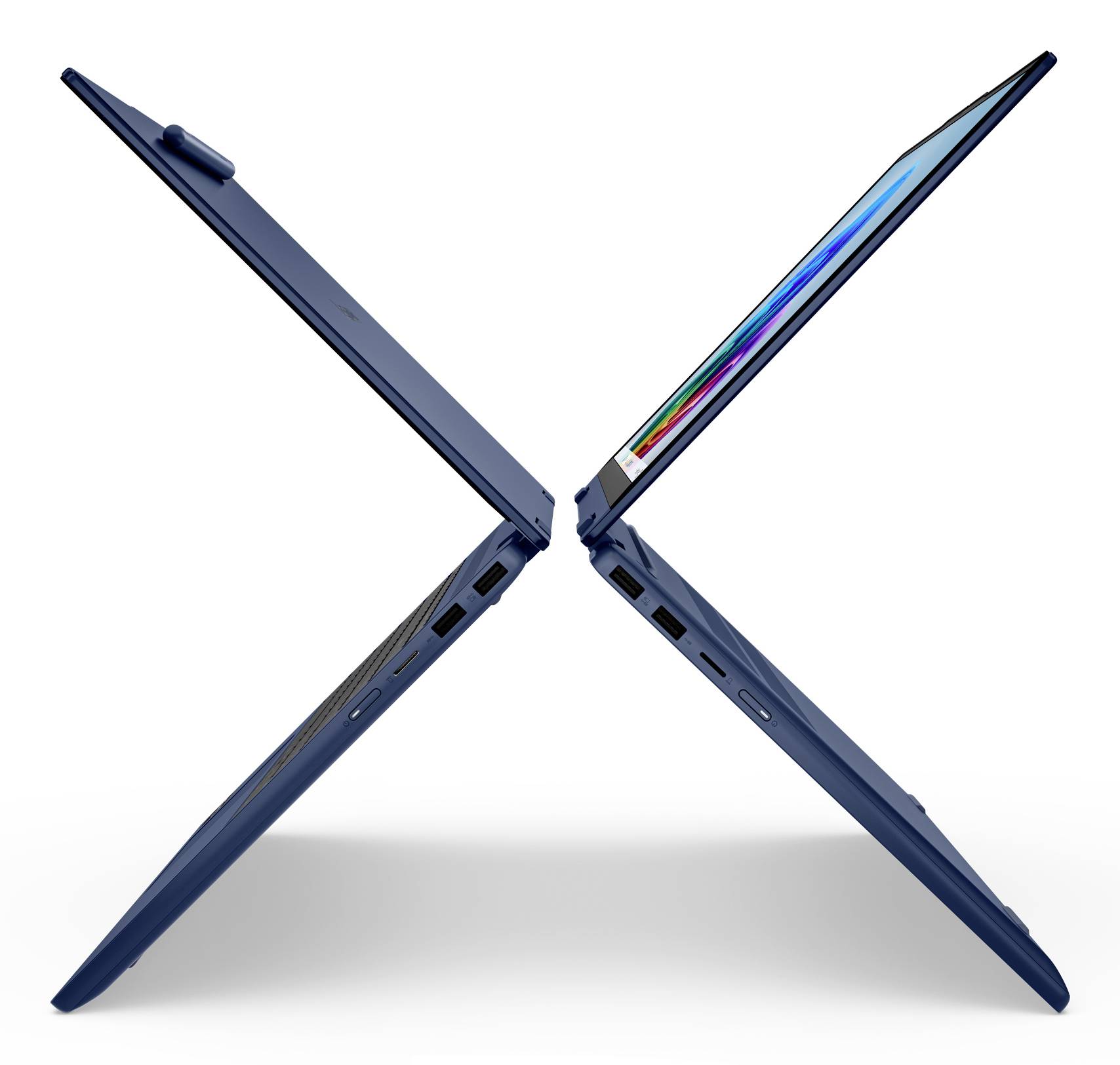 Zwei schlanke Laptops werden in einer X-Form gezeigt, teilweise geöffnet, um ihre dünnen Profile und farbenfrohe Bildschirme zu präsentieren.