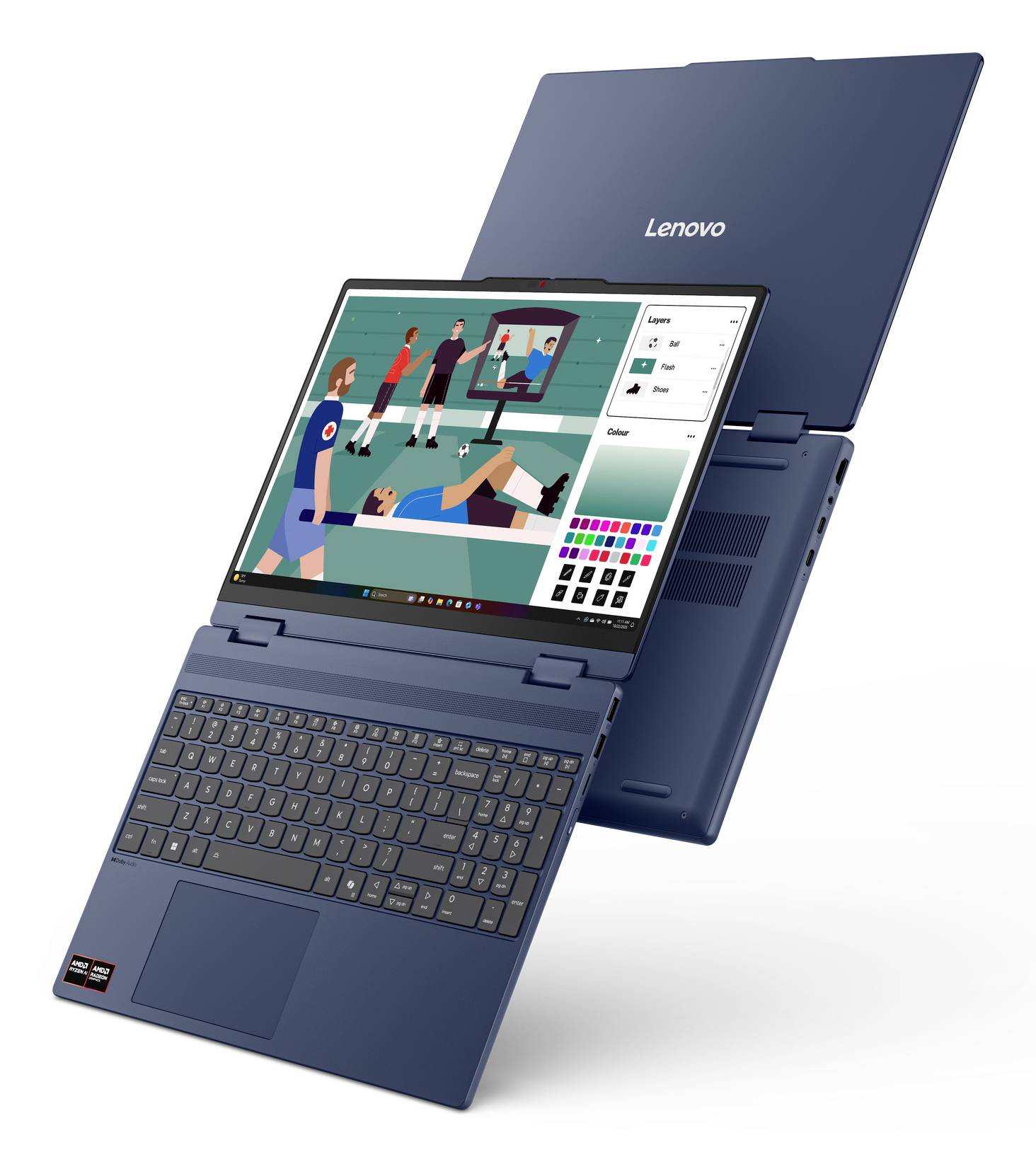 Blauer Lenovo-Laptop in Zeltform aufgeklappt gezeigt, wobei eine kreative Zeichen-App auf dem Bildschirm angezeigt wird, mit sichtbarer Tastatur und Touchpad.
