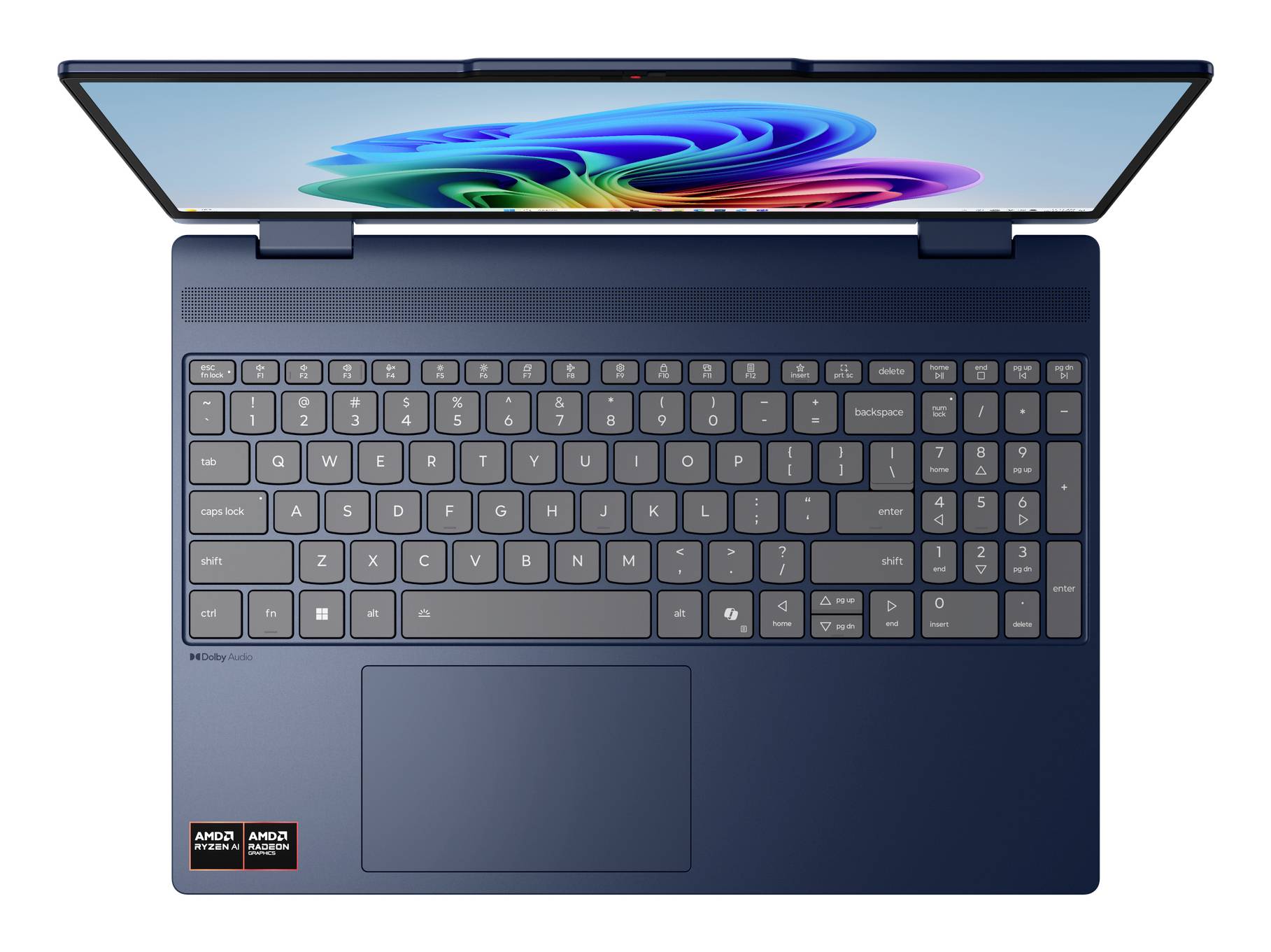 Draufsicht eines offenen dunkelbluen Laptops mit Bildschirm, vollständiger Tastatur, großem Trackpad und AMD-Prozessor-Aufklebern.