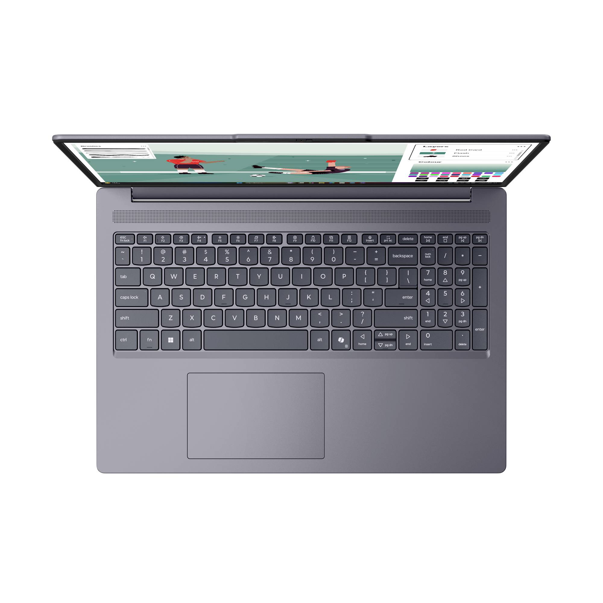 Draufsicht auf einen offenen Laptop mit Tastatur, Trackpad und einem Bildschirm, der einen Design- oder Bearbeitungsarbeitsbereich mit einer Person in Rot zeigt.
