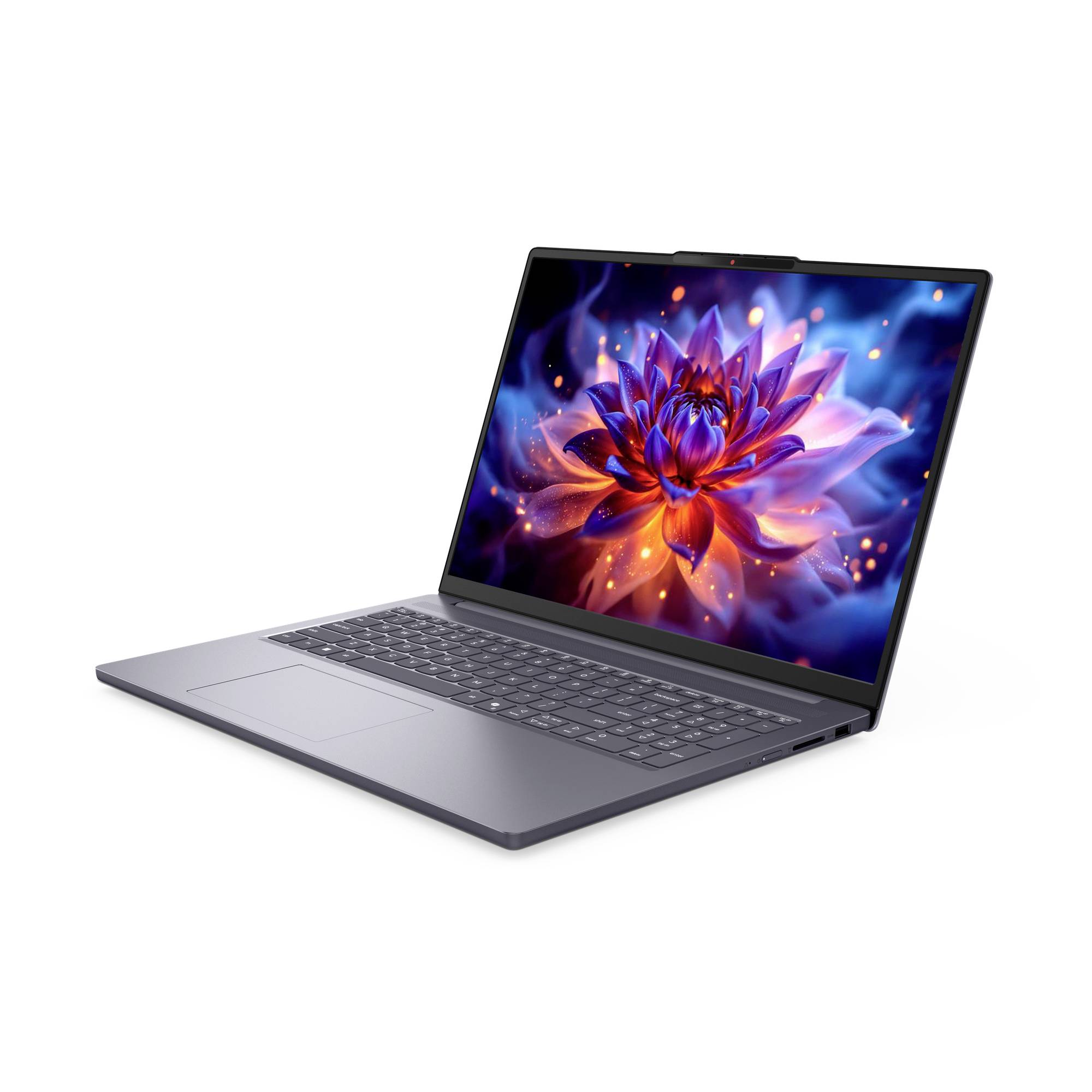 Offener Laptop-Computer auf weißem Hintergrund, auf dem Bildschirm ist eine lebendige violett-orangefarbene Blumenhintergrund-Tapete zu sehen.