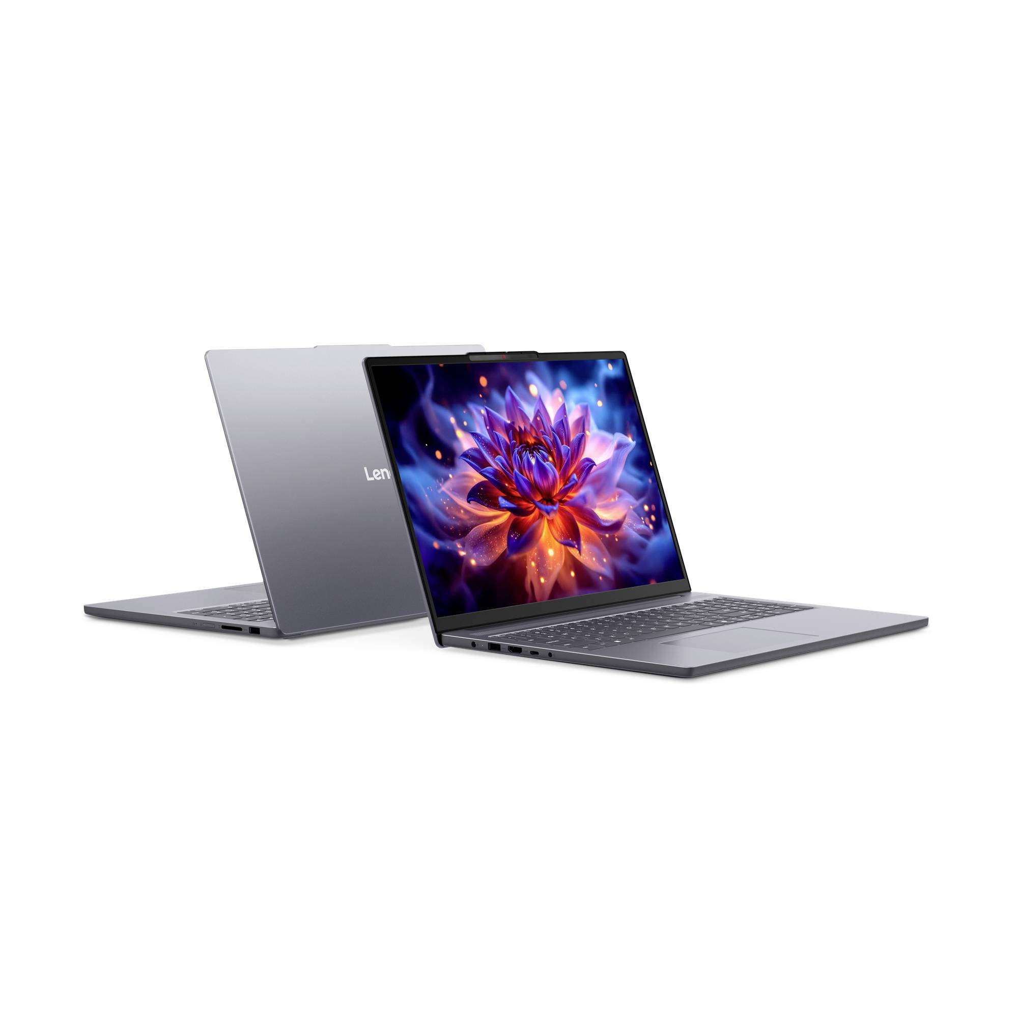 Zwei graue Lenovo-Laptops auf weißem Hintergrund, einer offen mit einem farbenfrohen abstrakten Blumenhintergrundbild und einer geschlossen dahinter.