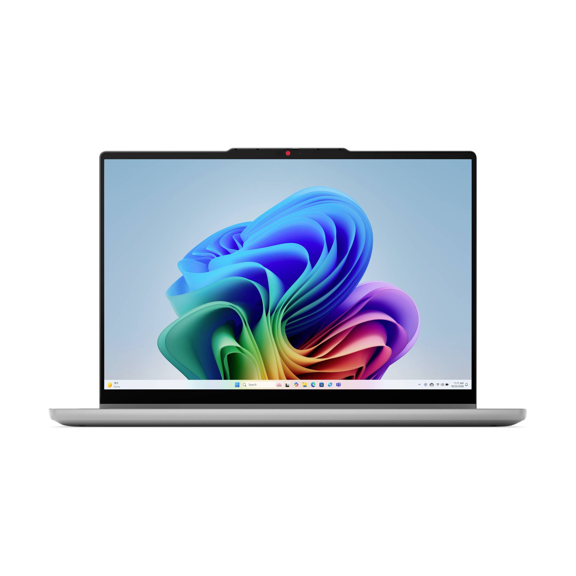Offener Laptop mit Windows 11-Desktop und buntem abstraktem Wirbel-Hintergrundbild.