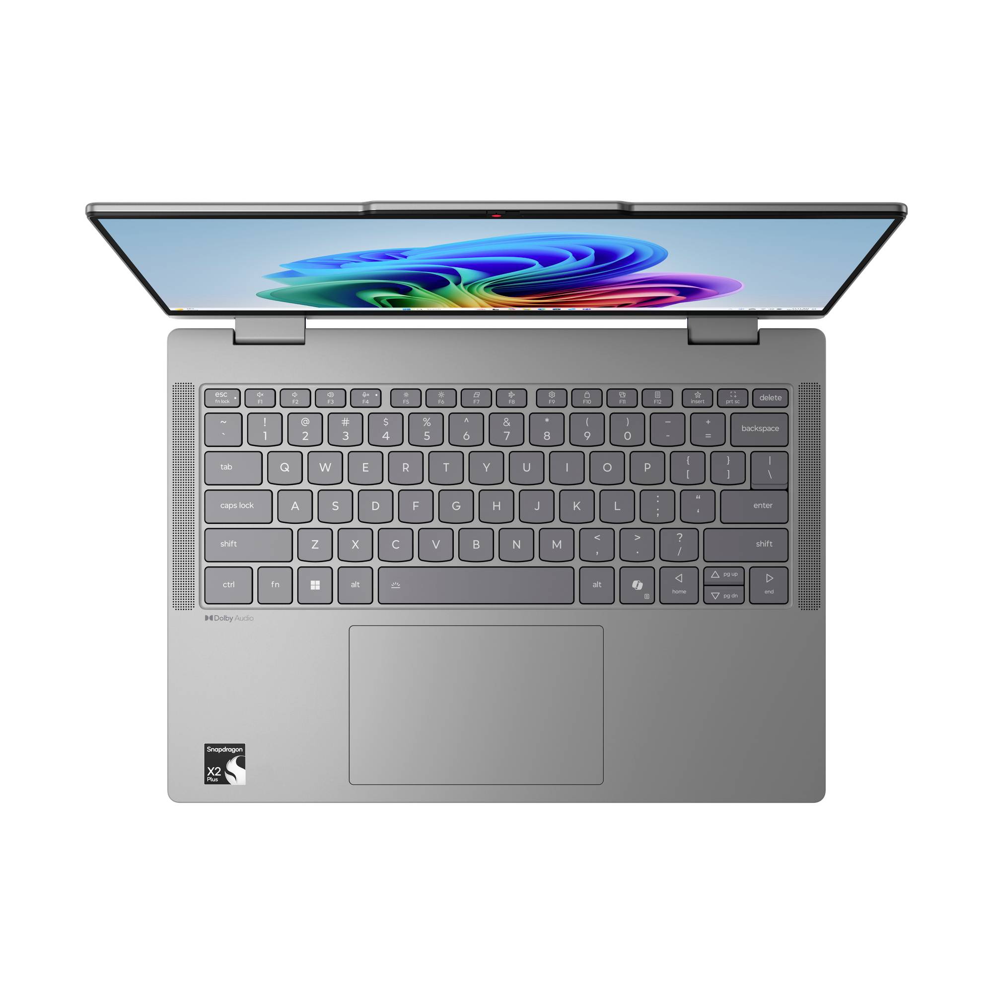 Draufsicht auf einen grauen Laptop mit geöffnetem Bildschirm, der eine farbenfrohe abstrakte Tapete zeigt, sowie eine vollständige Tastatur mit großem Touchpad.