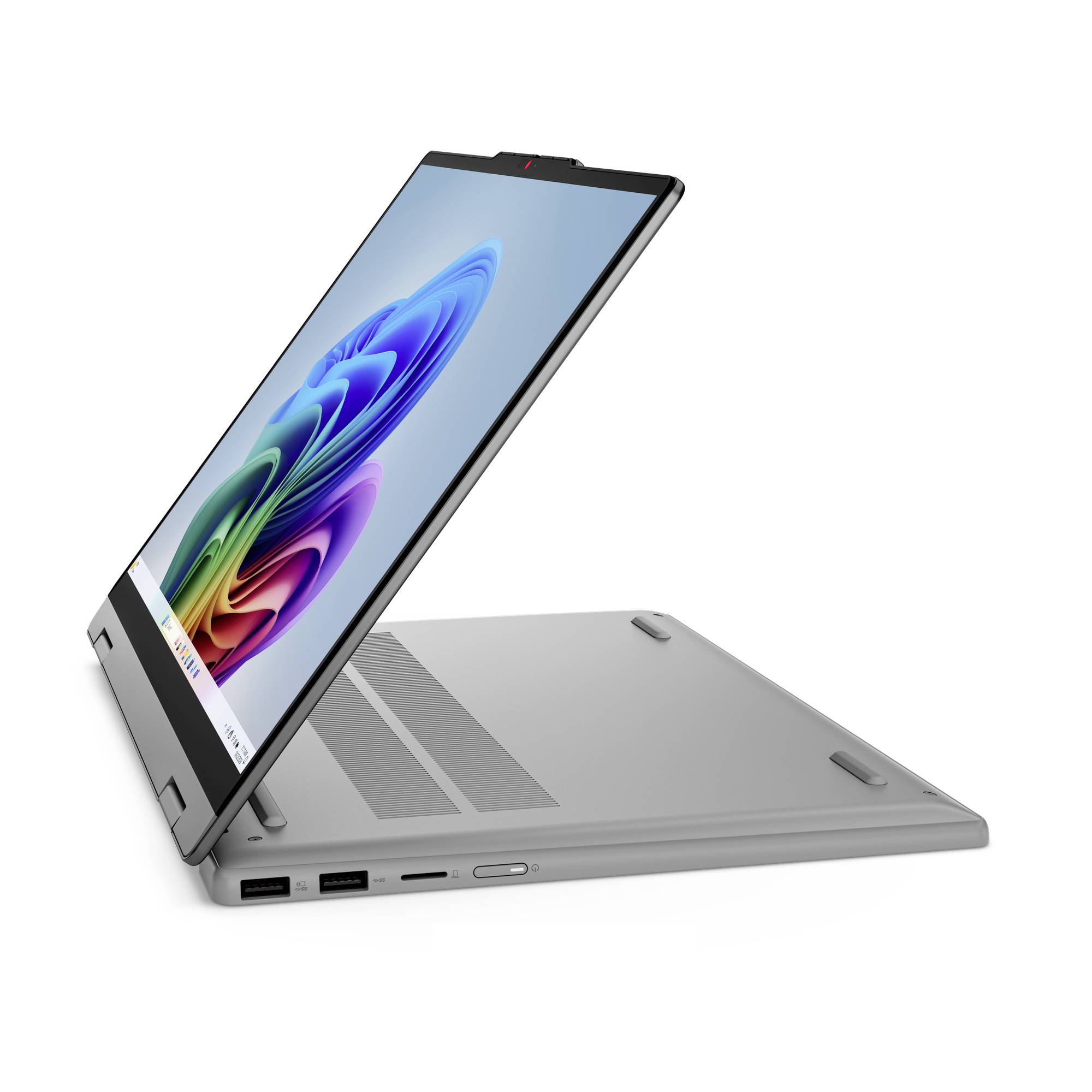 2-in-1-Laptop-Tablet in Grau, shown in Zeltposition, mit Touchscreen, auf dem eine farbenfrohe abstrakte Wirbel-Tapete angezeigt wird.