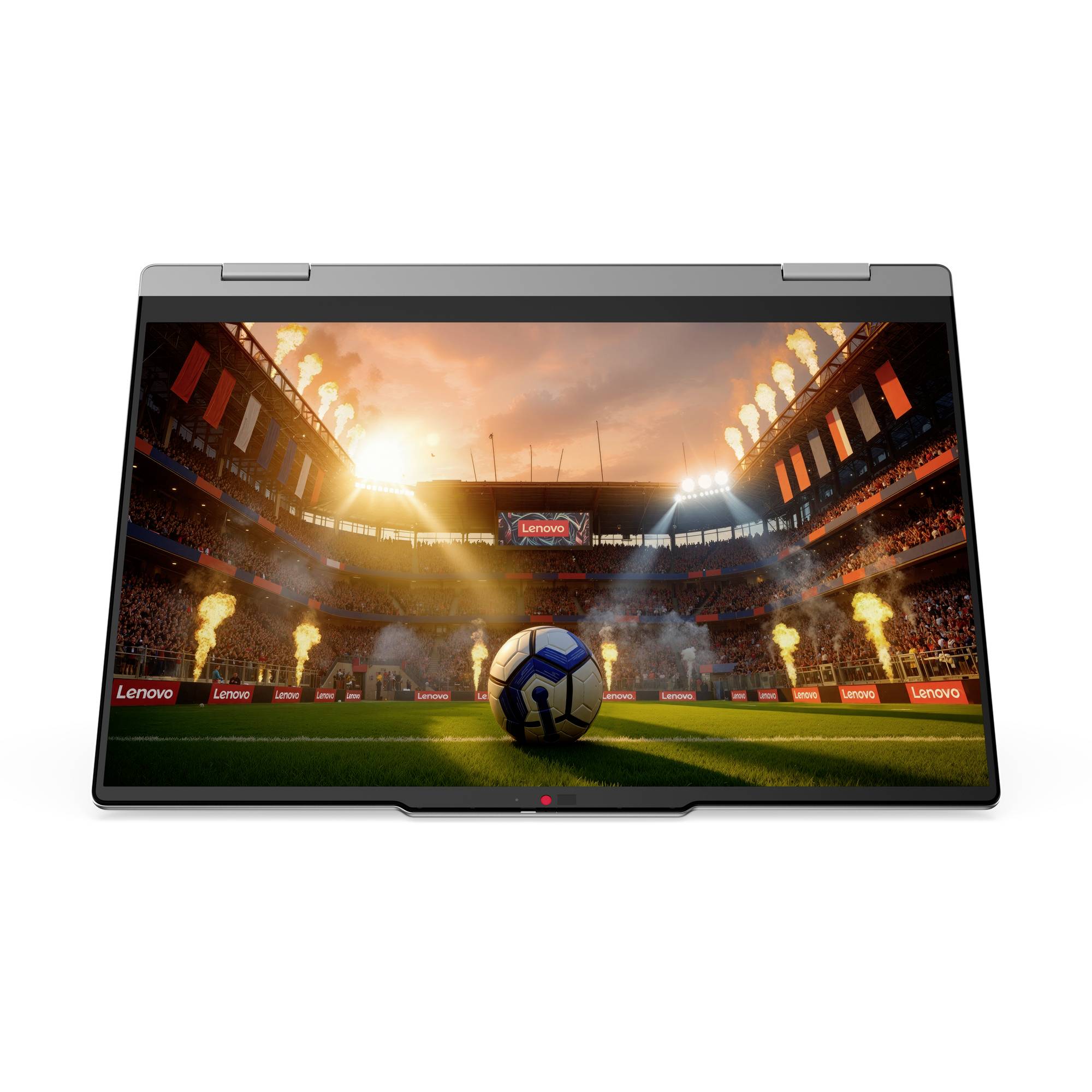 Laptop zeigt eine Fußballstadion-Szene bei Sonnenuntergang an, mit einem Ball auf dem Spielfeld und Flammen um die Tribünen herum.