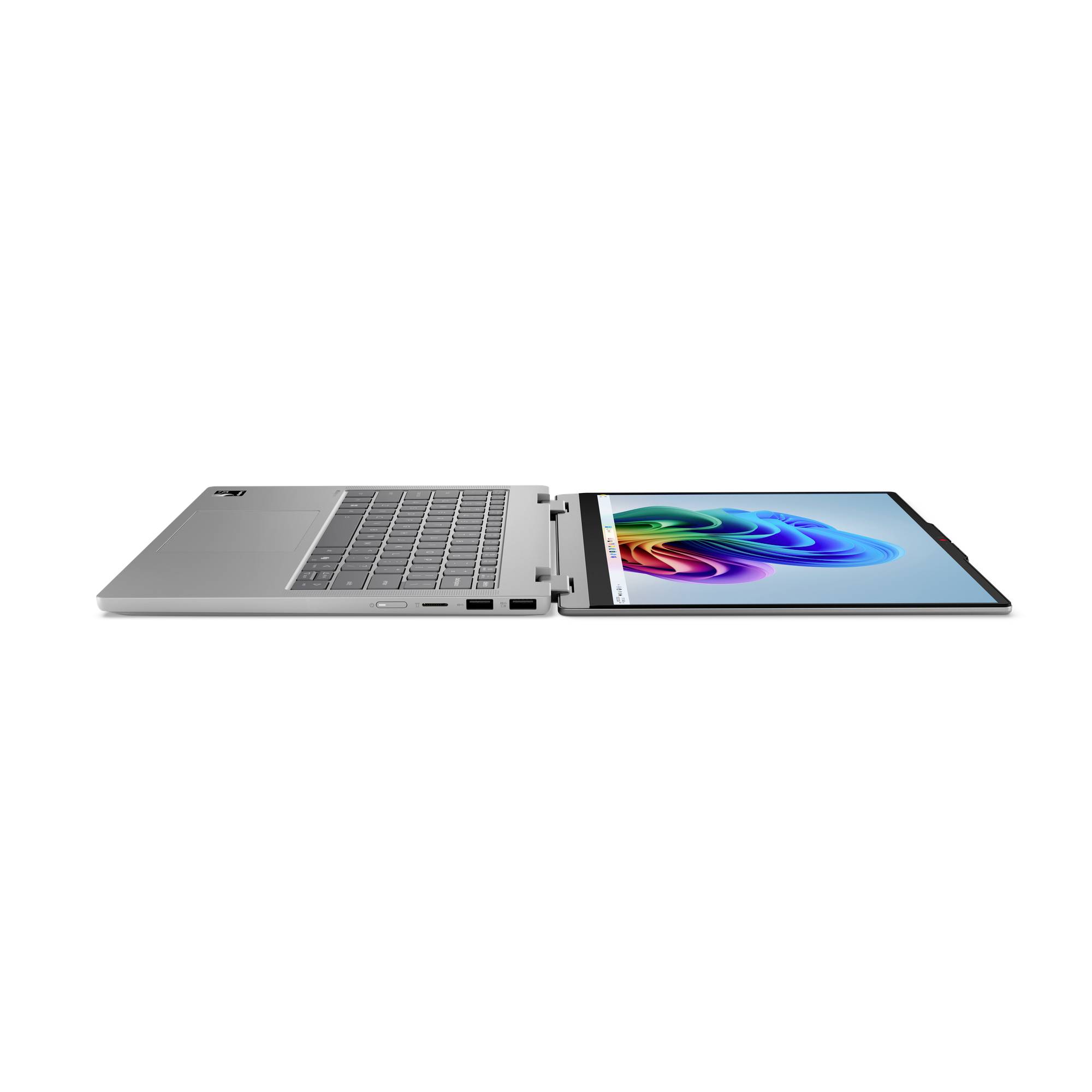 Silberner Laptop, aufgeklappt in flacher Dual-Screen-Anordnung dargestellt, mit einem zweiten Display auf der rechten Seite, das ein farbenfrohes abstraktes Hintergrundbild anzeigt.
