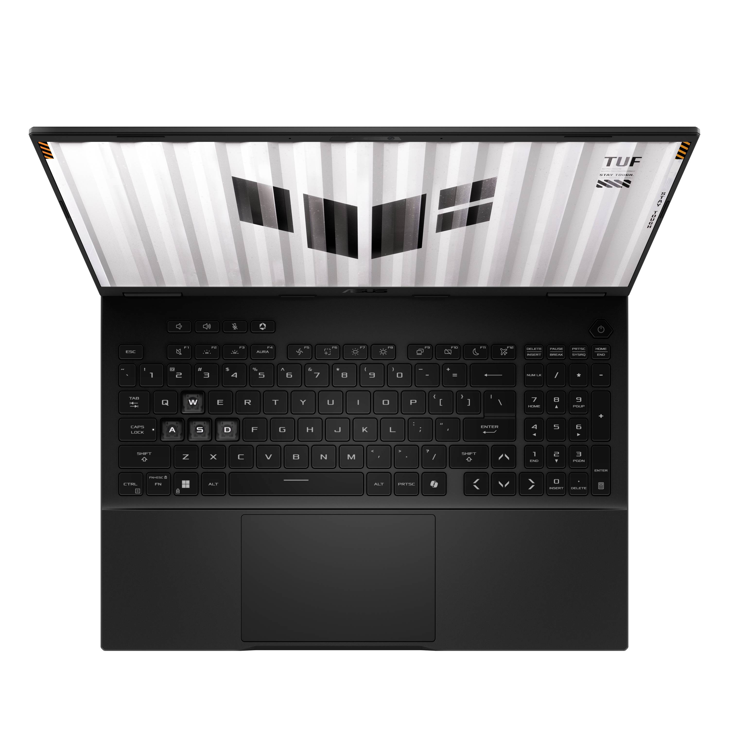 ASUS TUF-Laptop von oben betrachtet, zeigt die Tastatur, das große Touchpad und den gestreiften Deckel mit TUF-Logo.
