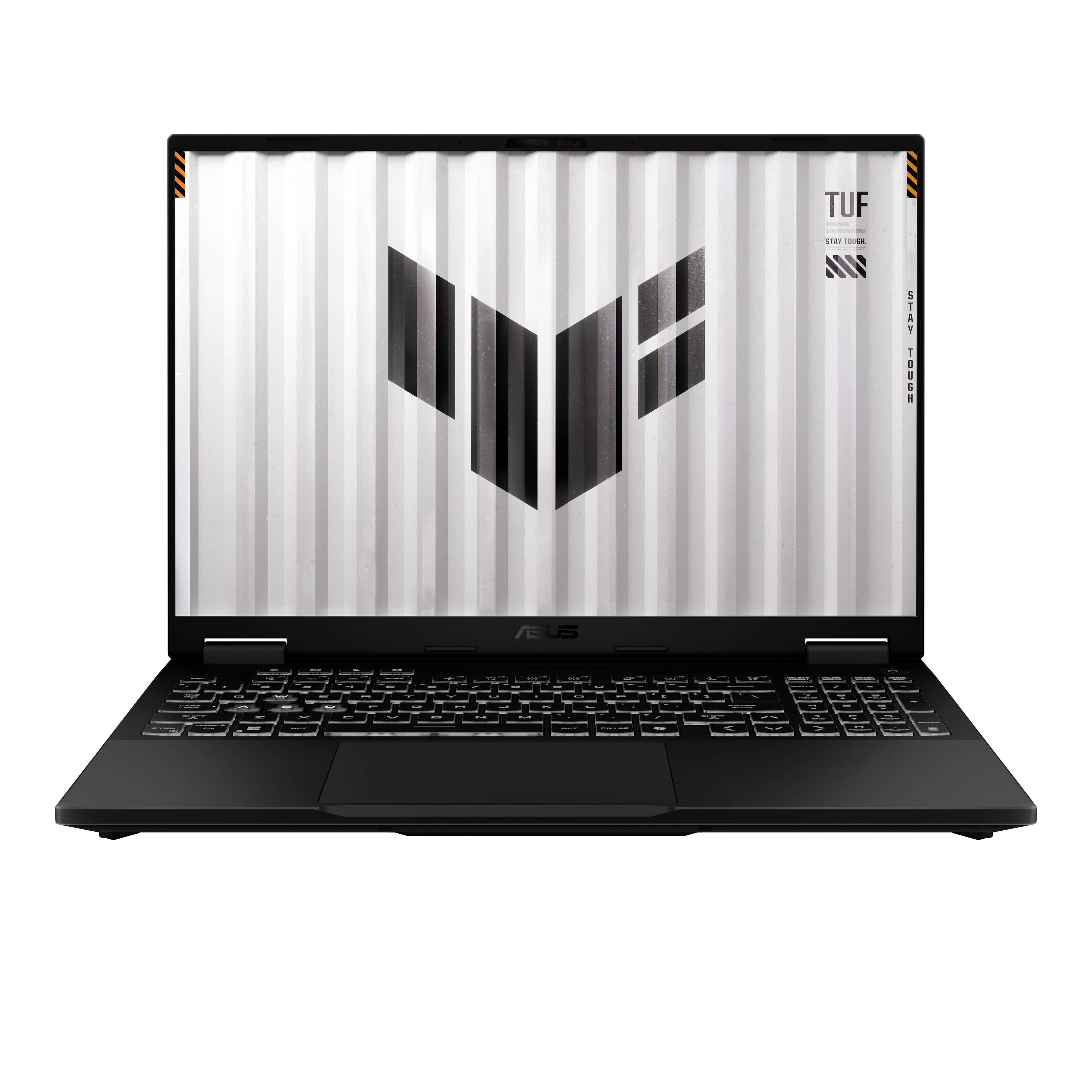 Vorderansicht eines schwarzen ASUS TUF Gaming-Laptops, geöffnet mit sichtbarer Tastatur und TUF-Logo auf dem Bildschirm.