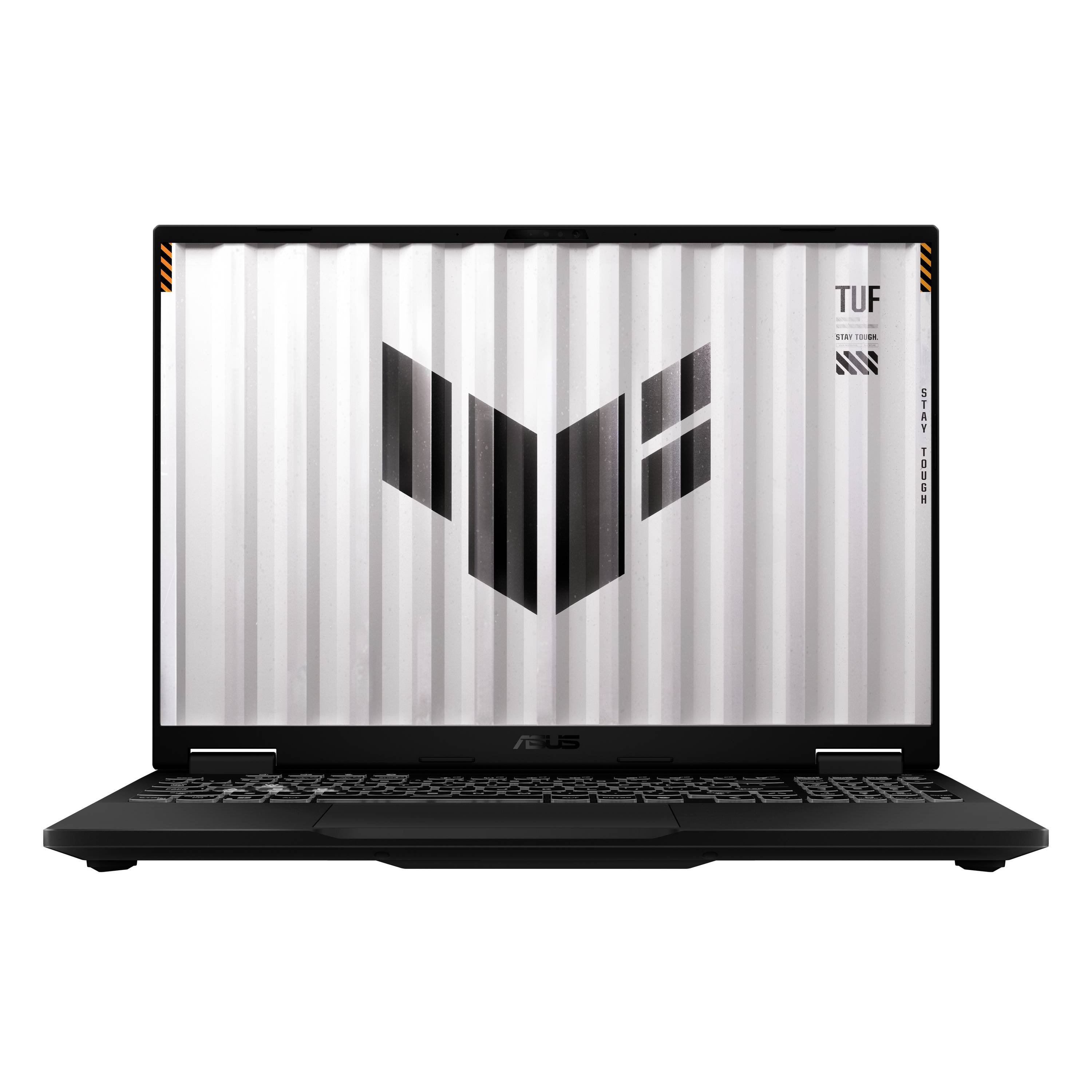 ASUS TUF Gaming-Laptop geöffnet, Vorderansicht, mit schwarzem Gehäuse und zentriertem TUF-Logo auf dem Bildschirm