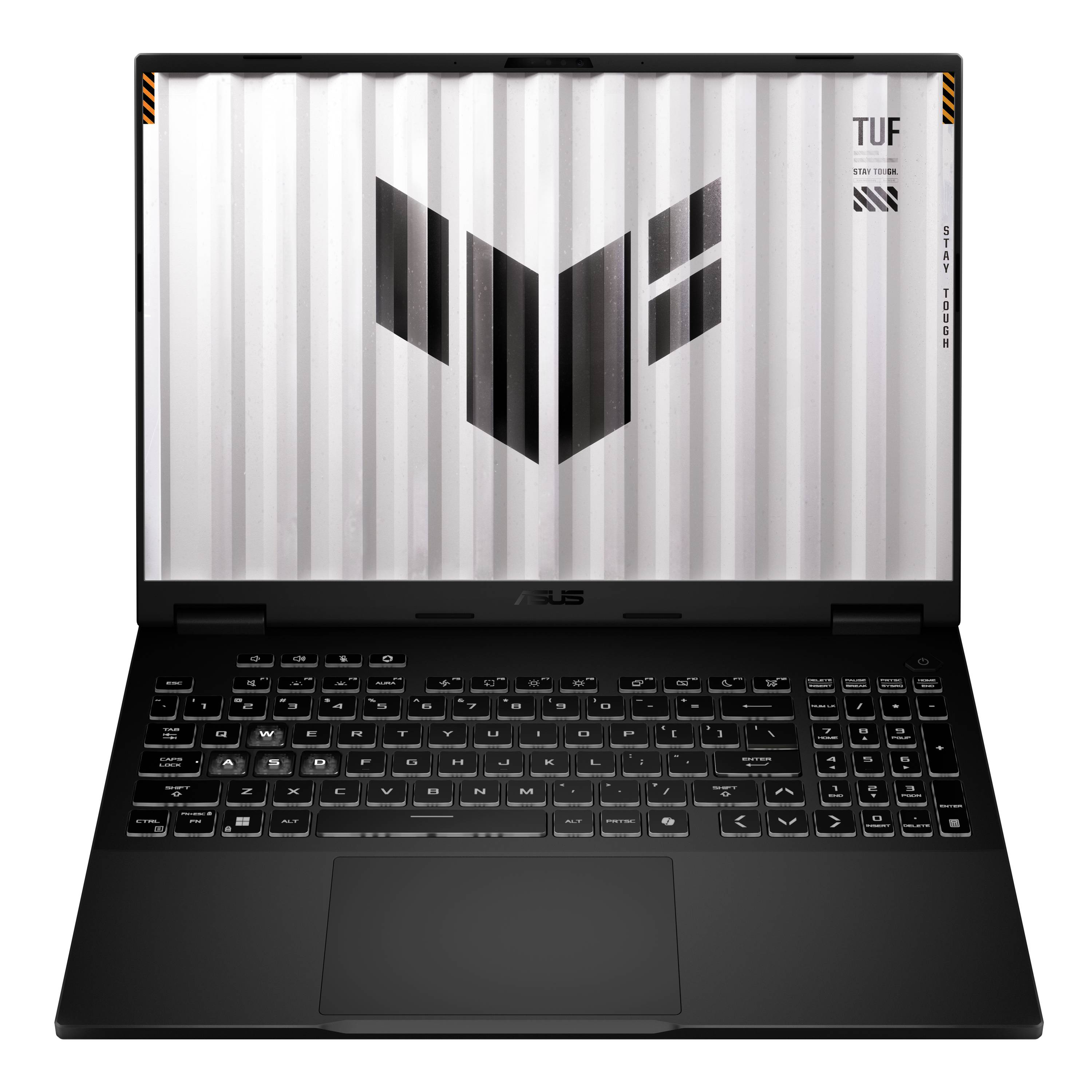 Schwarzer ASUS TUF Gaming-Laptop offen, zeigt Tastatur und Touchpad mit TUF-Logo auf dem Bildschirm.