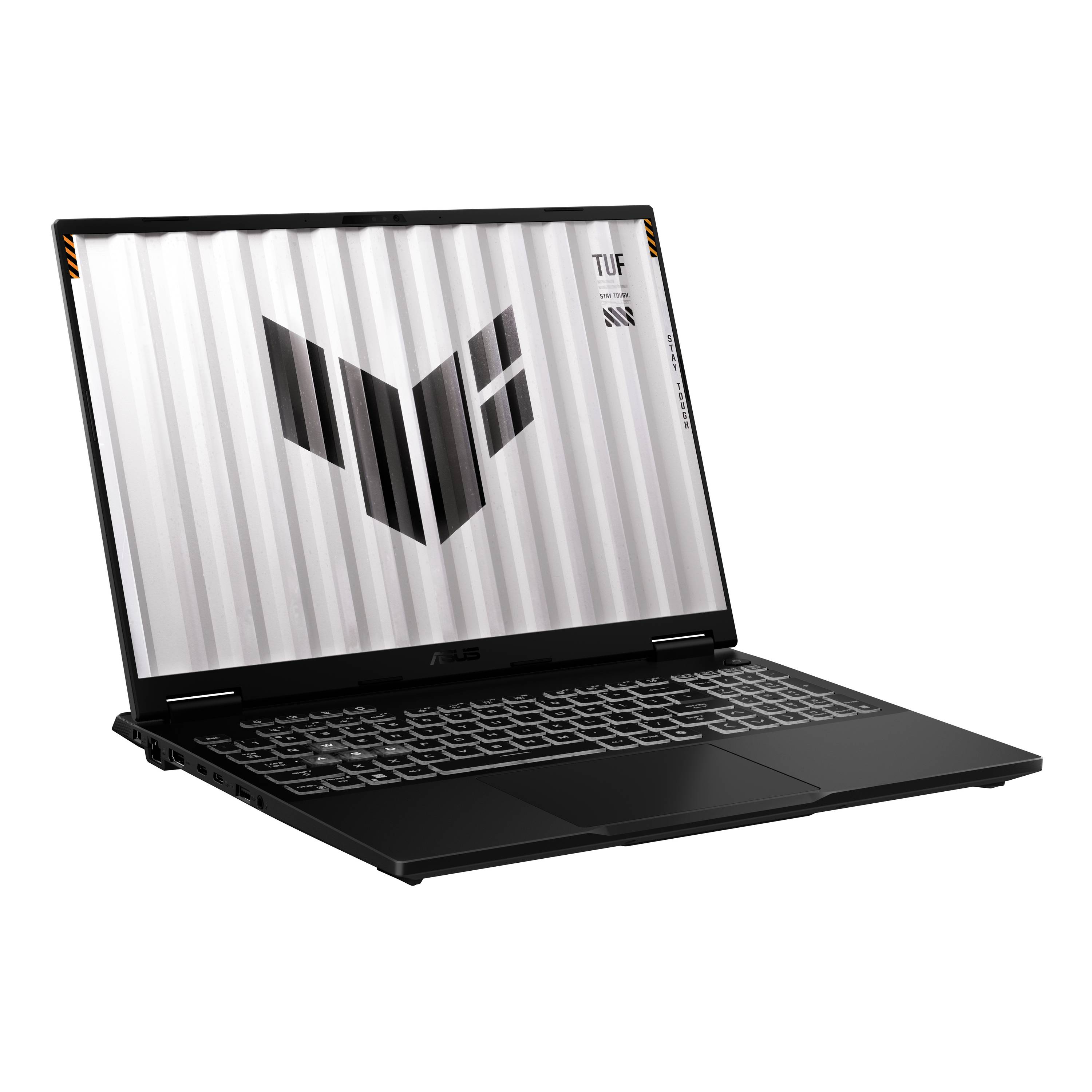 Schwarzer ASUS TUF Gaming-Laptop, aufgeklappt auf weißem Hintergrund, mit dem TUF-Logo auf dem Bildschirm
