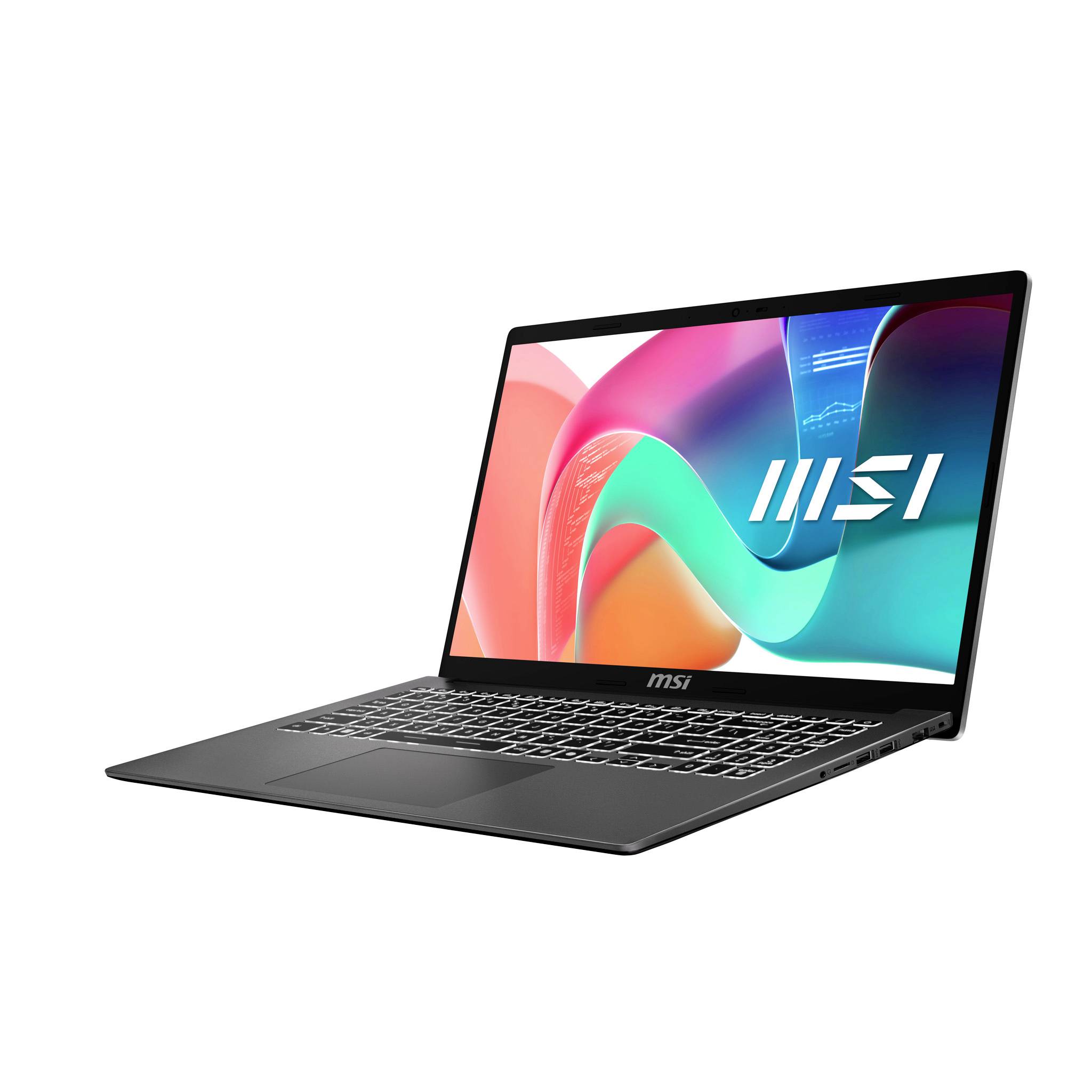 Schwarzer MSI-Laptop offen auf weißem Hintergrund, zeigt einen farbenfrohen abstrakten Bildschirm mit dem MSI-Logo.
