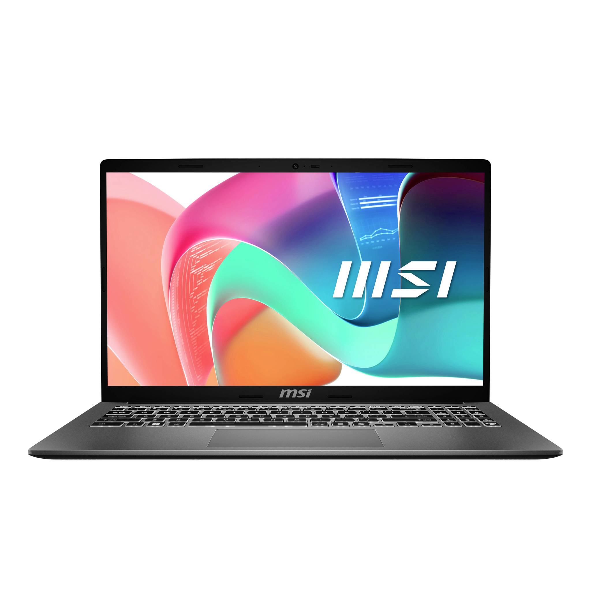 Vorderansicht eines MSI-Laptops mit Bildschirm, der eine farbenfrohe abstrakte Tapete und das MSI-Logo auf weißem Hintergrund zeigt.