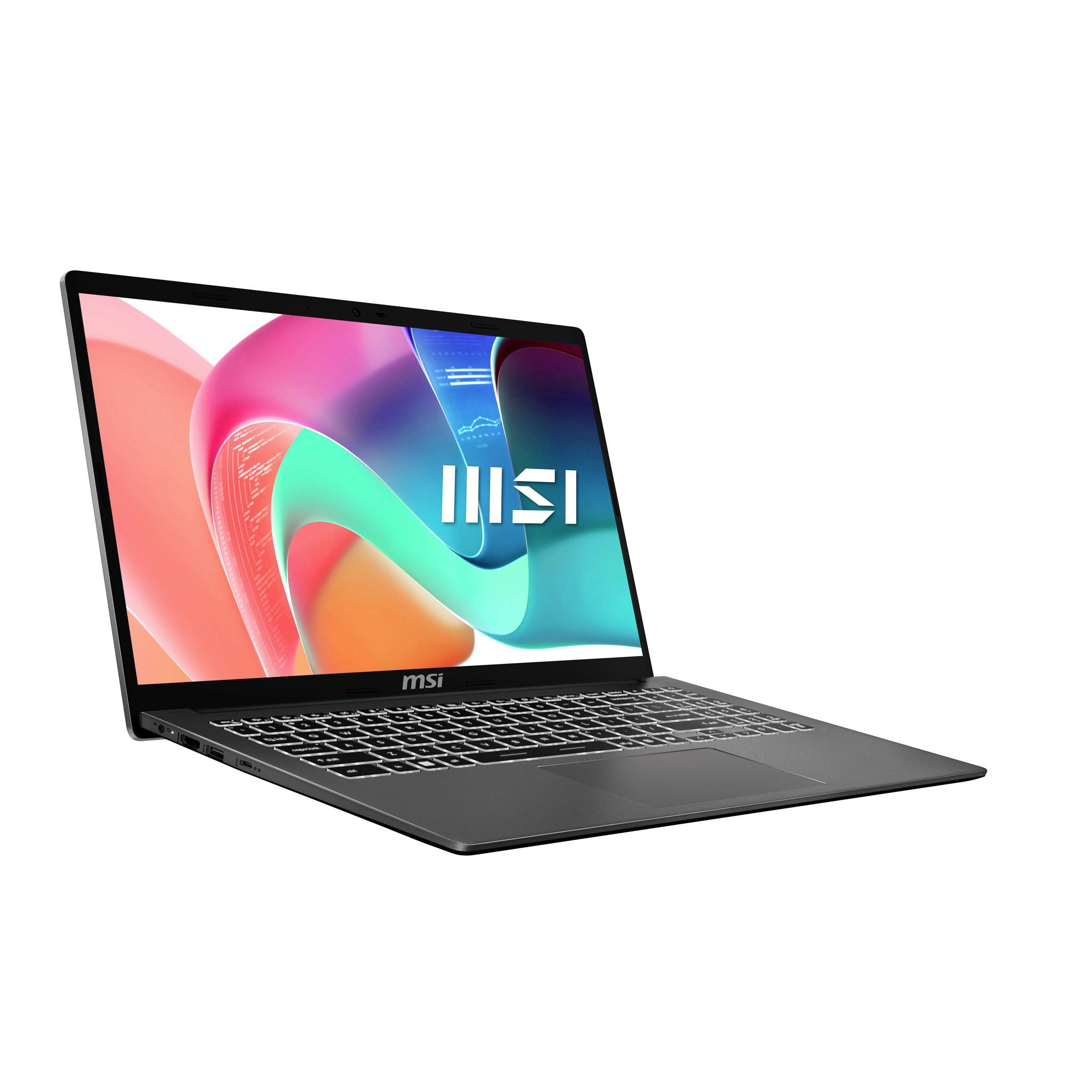 MSI-Laptop, aufgeklappt in einem Winkel auf weißem Hintergrund, zeigt ein farbenfrohen abstrakten Hintergrund auf dem Bildschirm.