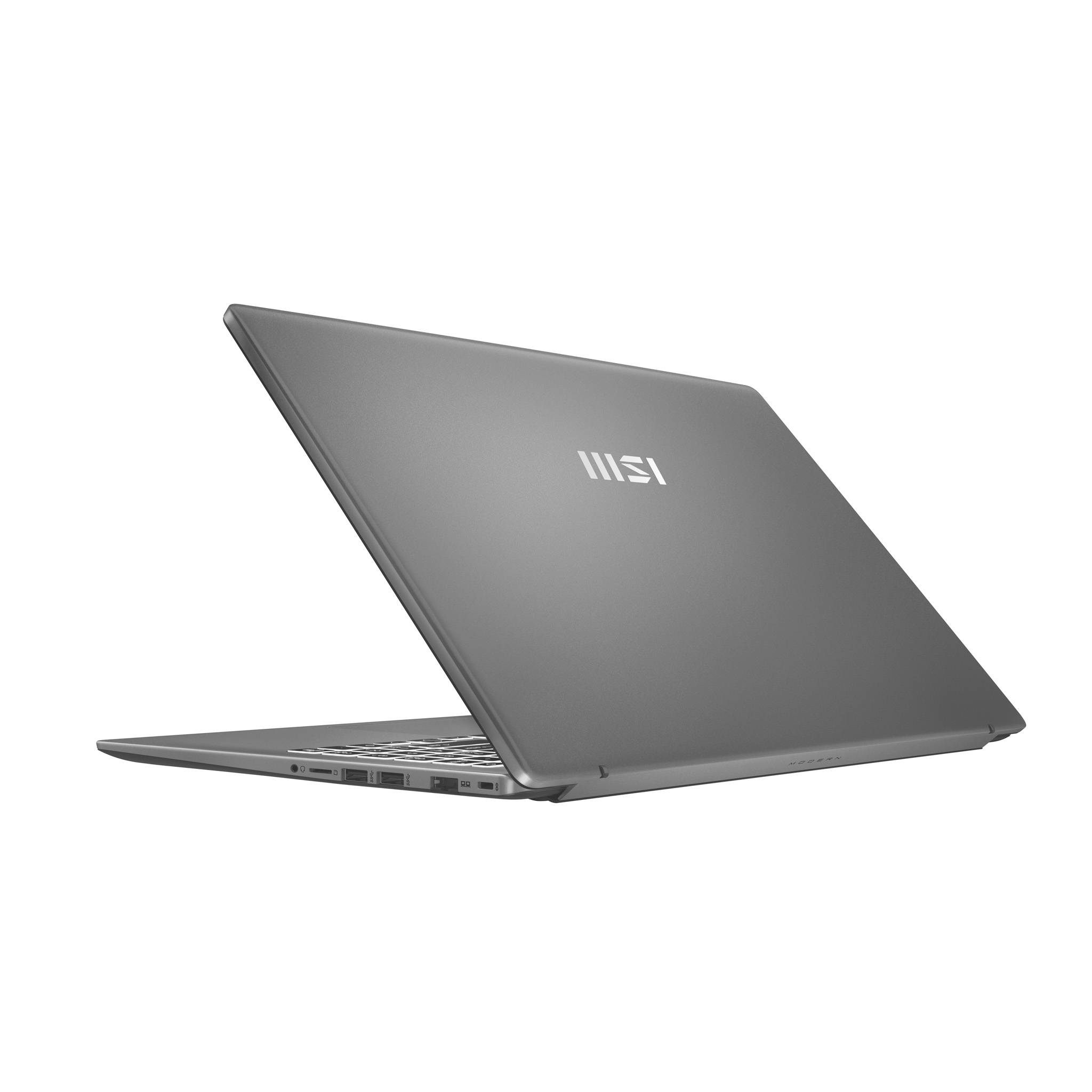 Geschlossener grauer MSI-Laptop in Seitenansicht auf weißem Hintergrund.