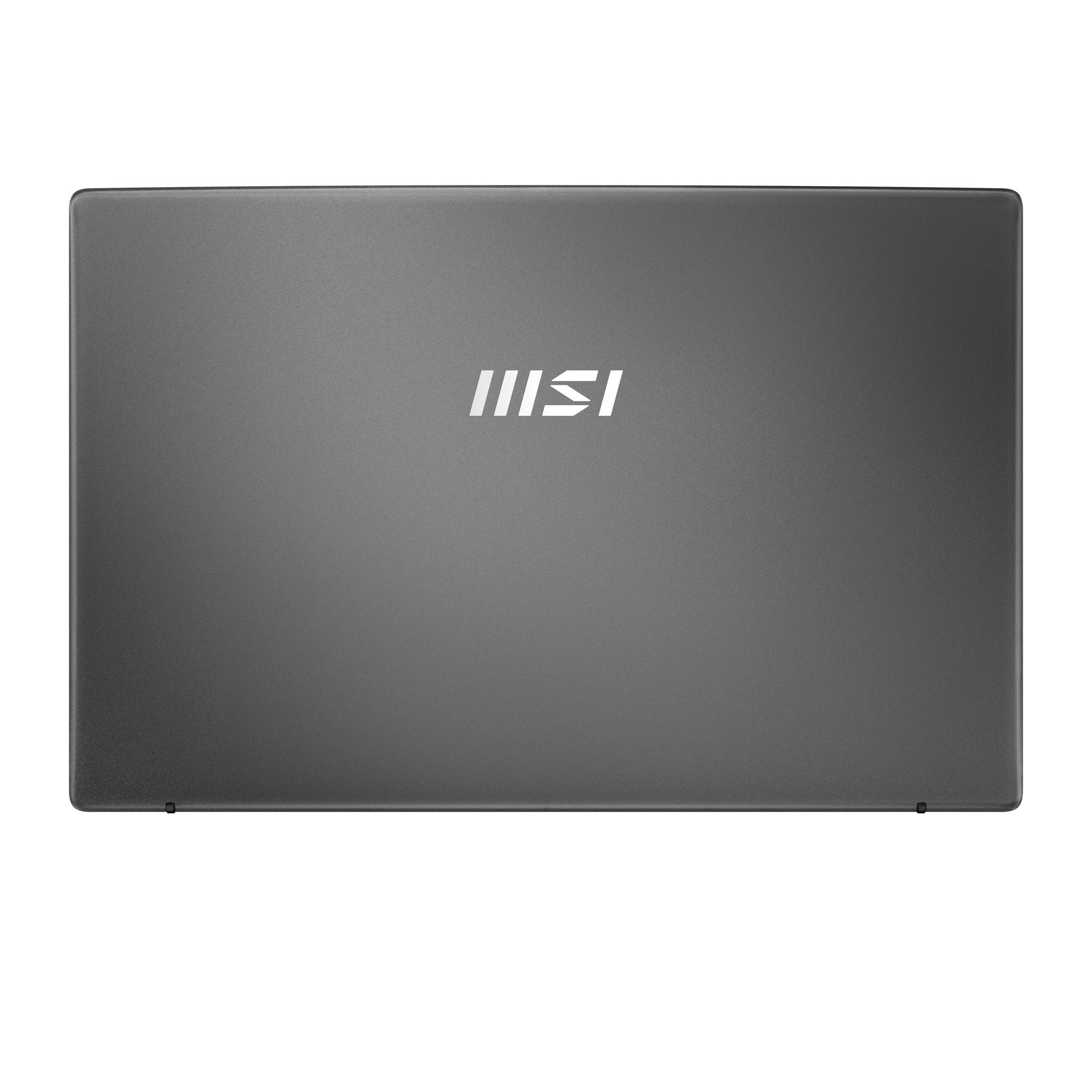 Geschlossener grauer MSI-Laptop von oben auf weißem Hintergrund betrachtet, mit dem zentriert auf dem Deckel positionierten MSI-Logo.