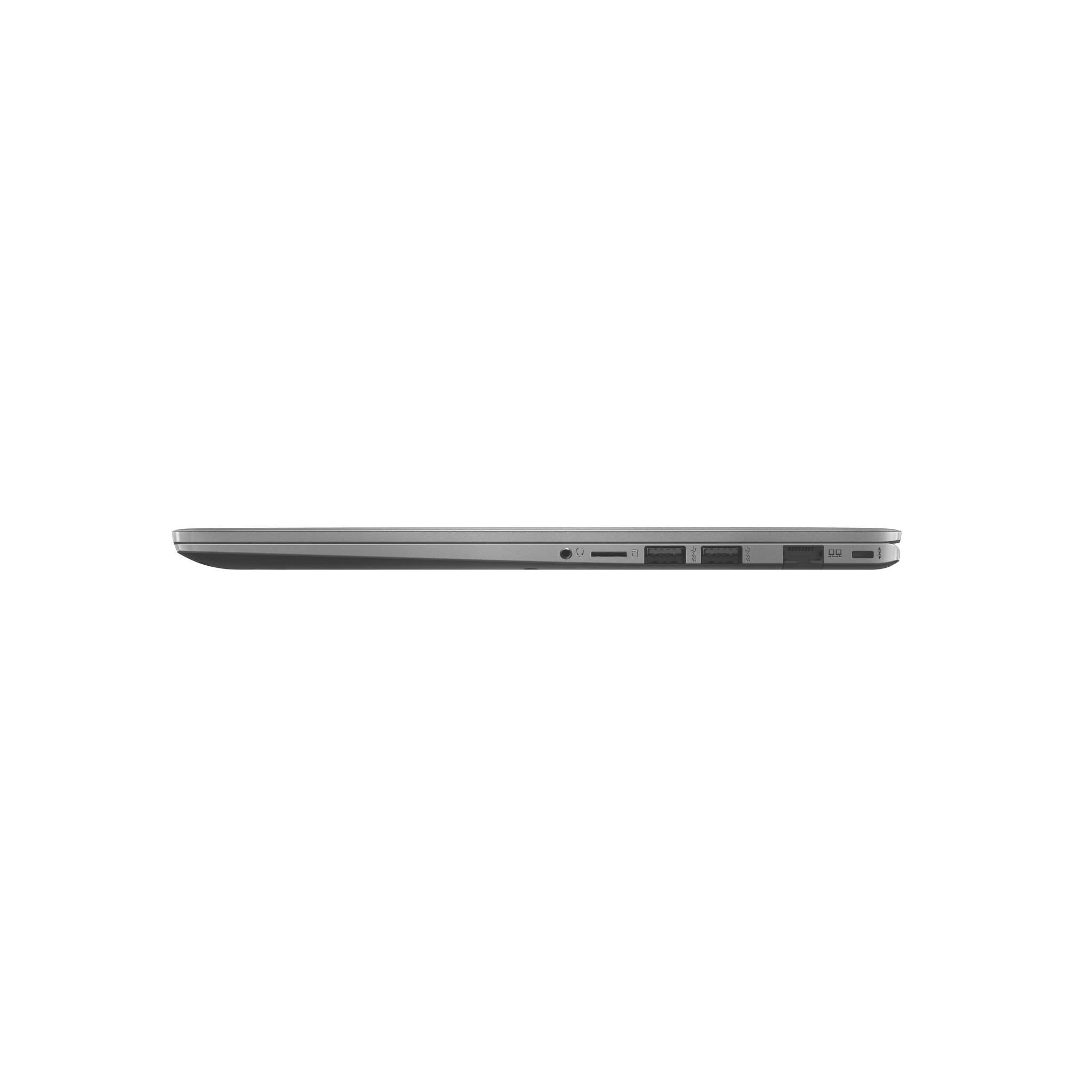 Seitenansicht eines geschlossenen silbernen Laptops, die sein schlankes Profil und die Anschlüsse an der rechten Kante zeigt.