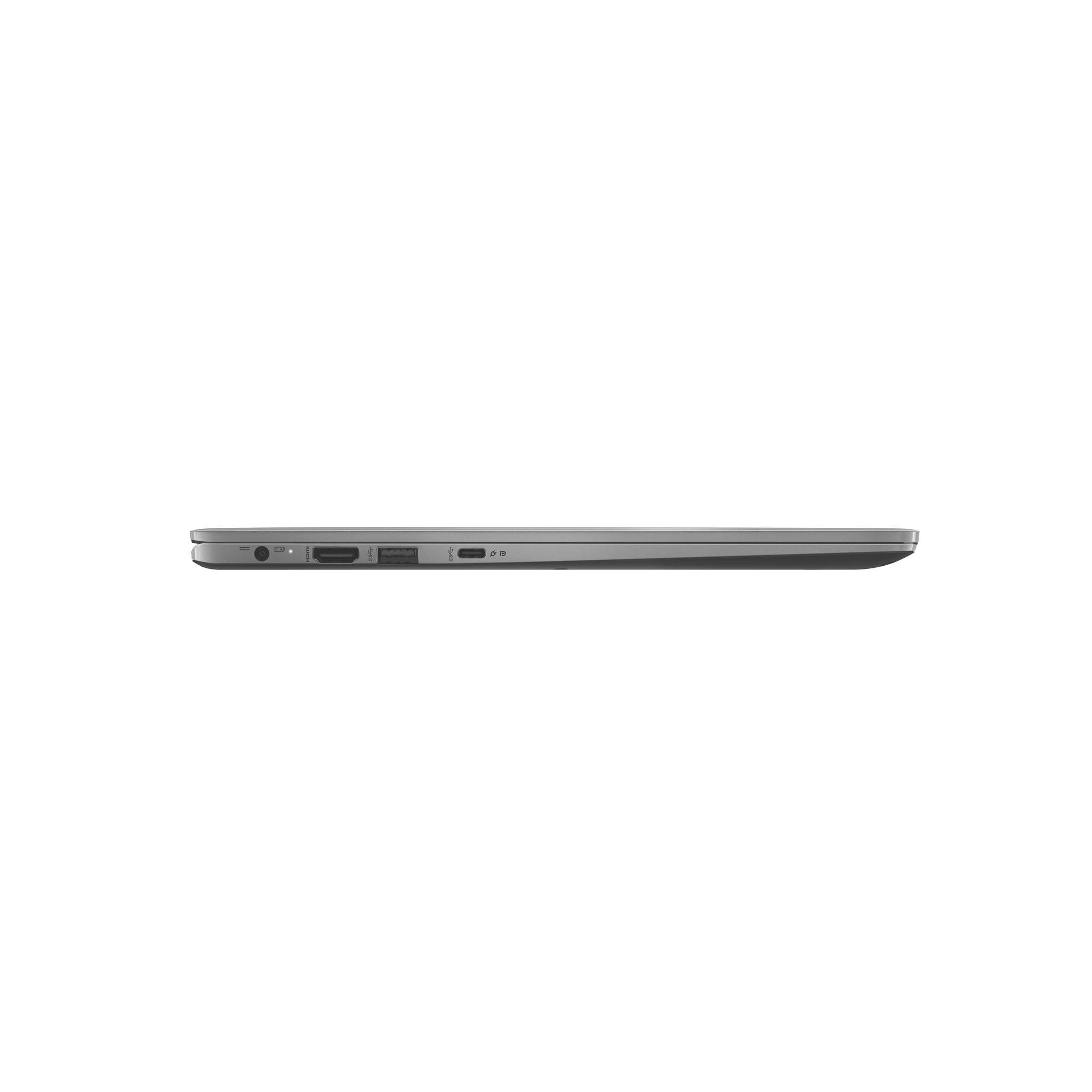 Seitenansicht eines geschlossenen silbernen Laptops, der die linke Kante mit Anschlüssen vor weißem Hintergrund zeigt.